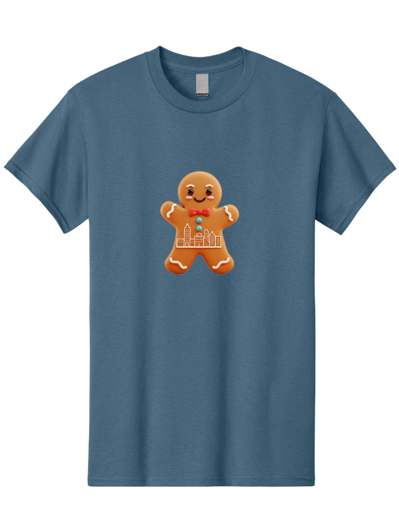 Gingerbread-Man-17 Men'S Graphic Tee, 100% Cotton, Comfortable Casual Summer Wear, Machine Washable, Gingerbread Man, City Design, Festive Treat, Holiday Cookie, Red Bow Tie, White Icing Details, Gingerbread Cookie Art, Cityscape Cookie, Bab949