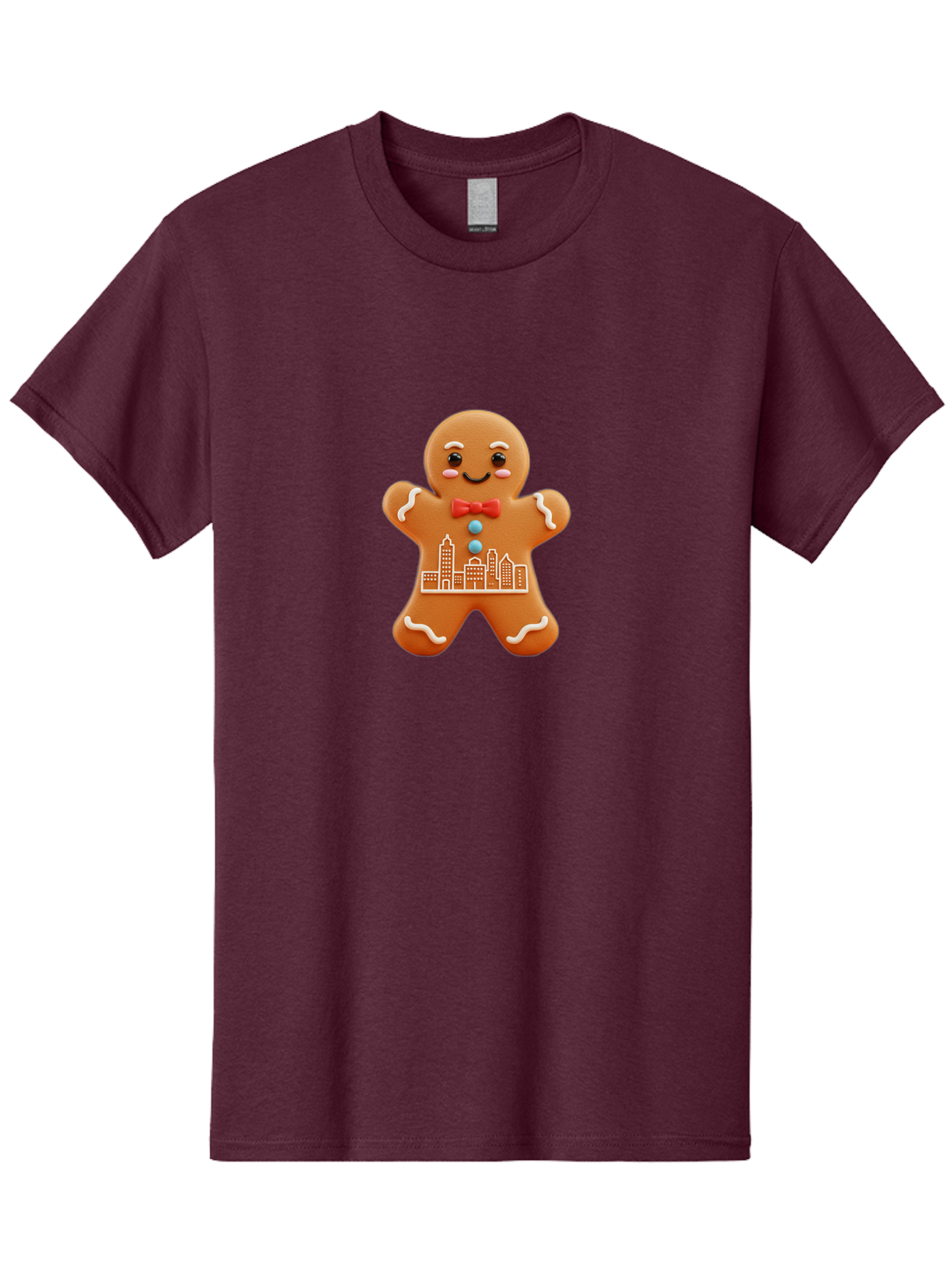 Gingerbread-Man-17 Men'S Graphic Tee, 100% Cotton, Comfortable Casual Summer Wear, Machine Washable, Gingerbread Man, City Design, Festive Treat, Holiday Cookie, Red Bow Tie, White Icing Details, Gingerbread Cookie Art, Cityscape Cookie, Bab949