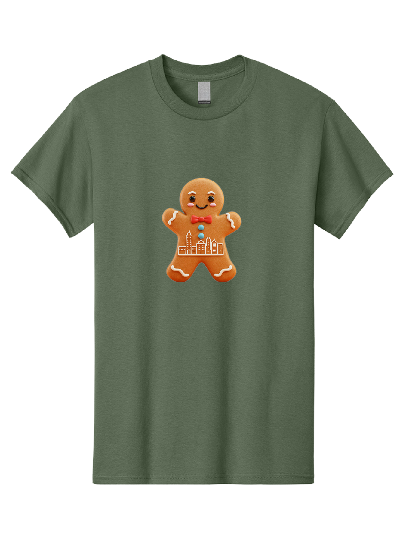Gingerbread-Man-17 Men'S Graphic Tee, 100% Cotton, Comfortable Casual Summer Wear, Machine Washable, Gingerbread Man, City Design, Festive Treat, Holiday Cookie, Red Bow Tie, White Icing Details, Gingerbread Cookie Art, Cityscape Cookie, Bab949