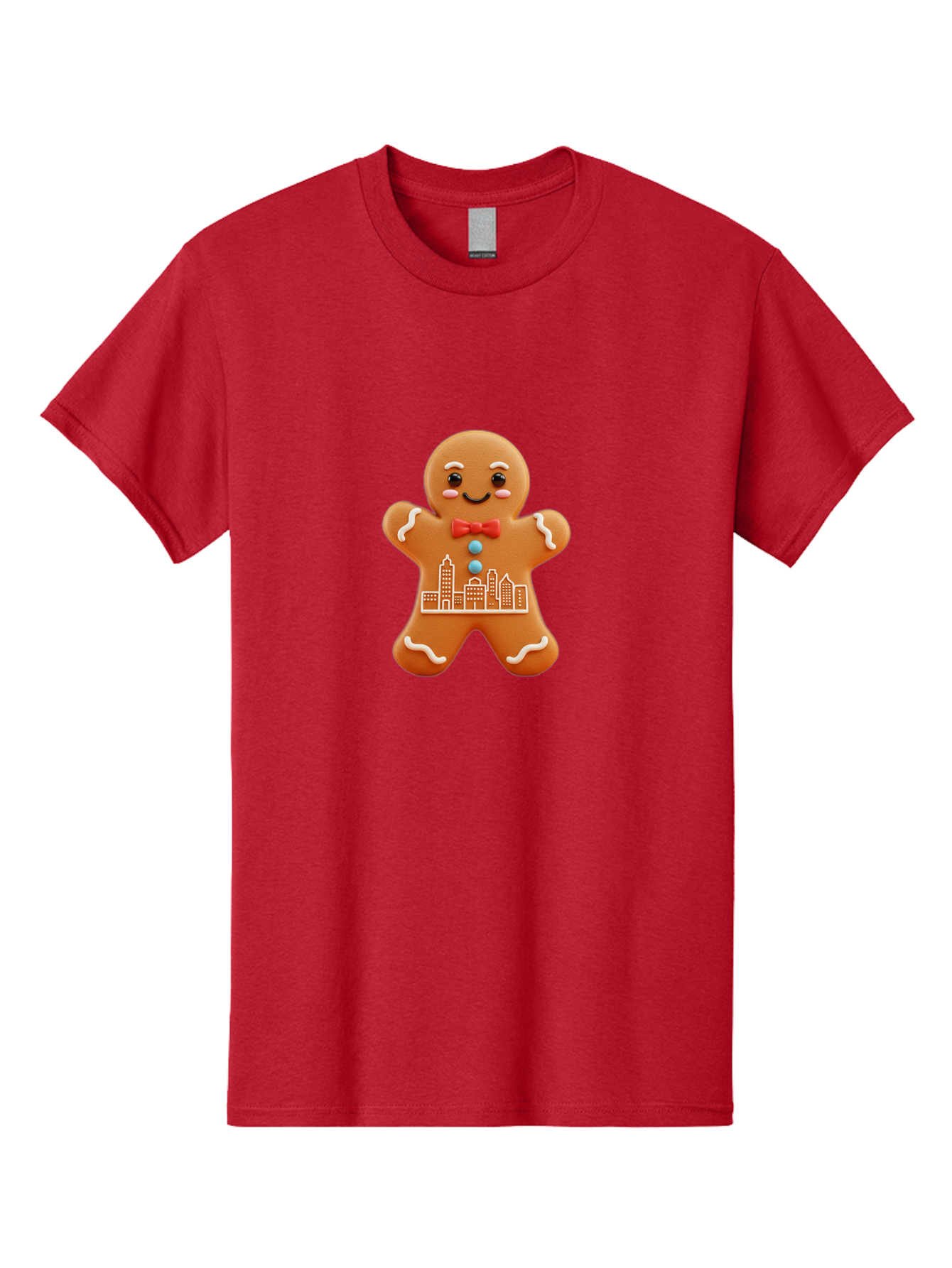 Gingerbread-Man-17 Men'S Graphic Tee, 100% Cotton, Comfortable Casual Summer Wear, Machine Washable, Gingerbread Man, City Design, Festive Treat, Holiday Cookie, Red Bow Tie, White Icing Details, Gingerbread Cookie Art, Cityscape Cookie, Bab949