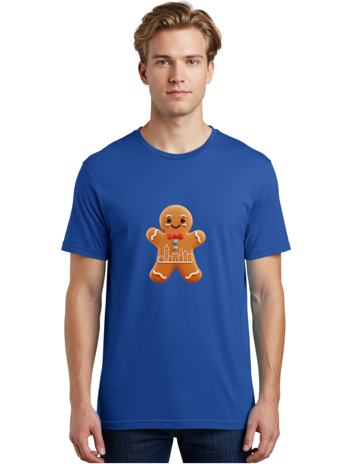 Gingerbread-Man-17 Men'S Graphic Tee, 100% Cotton, Comfortable Casual Summer Wear, Machine Washable, Gingerbread Man, City Design, Festive Treat, Holiday Cookie, Red Bow Tie, White Icing Details, Gingerbread Cookie Art, Cityscape Cookie, Bab949