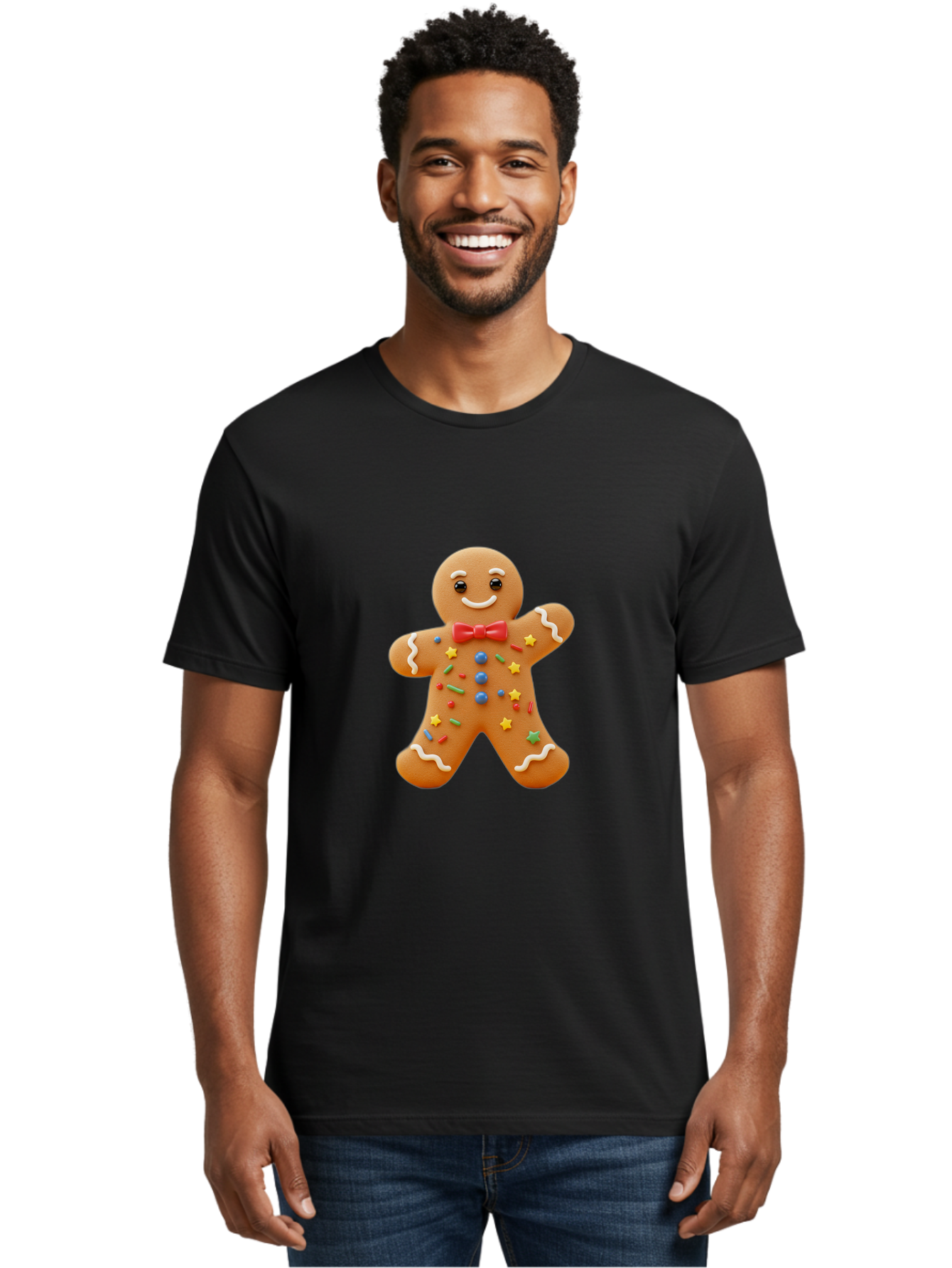 Gingerbread-Man-4 Men'S Graphic Tee, 100% Cotton, Comfortable Casual Summer Wear, Machine Washable, Gingerbread Man, Festive Treat, Holiday Cookie, Icing Decorations, Colorful Sprinkles, Red Bow Tie, Cartoon Character, Sweet Delight, Baking, Bab952