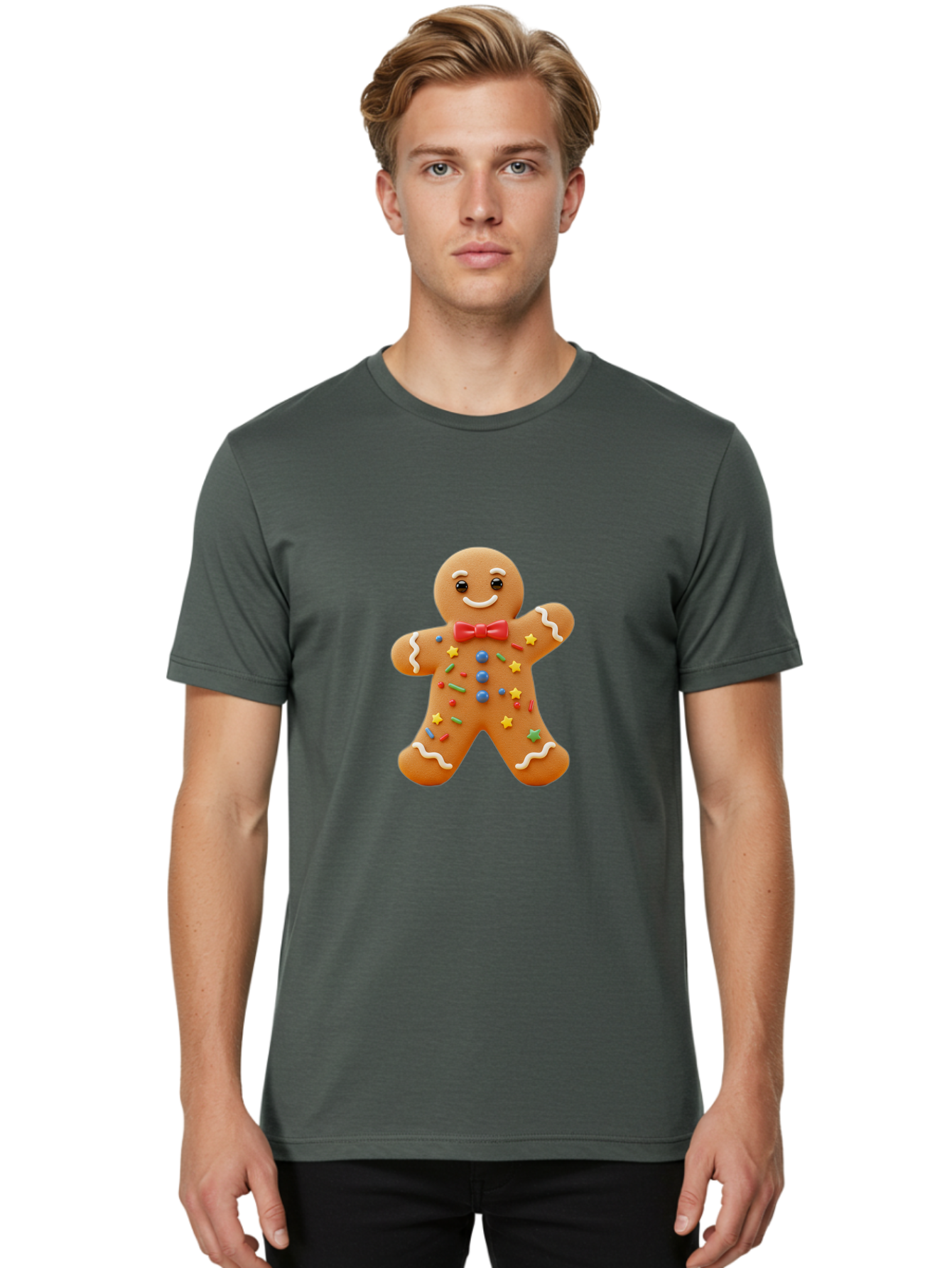 Gingerbread-Man-4 Men'S Graphic Tee, 100% Cotton, Comfortable Casual Summer Wear, Machine Washable, Gingerbread Man, Festive Treat, Holiday Cookie, Icing Decorations, Colorful Sprinkles, Red Bow Tie, Cartoon Character, Sweet Delight, Baking, Bab952