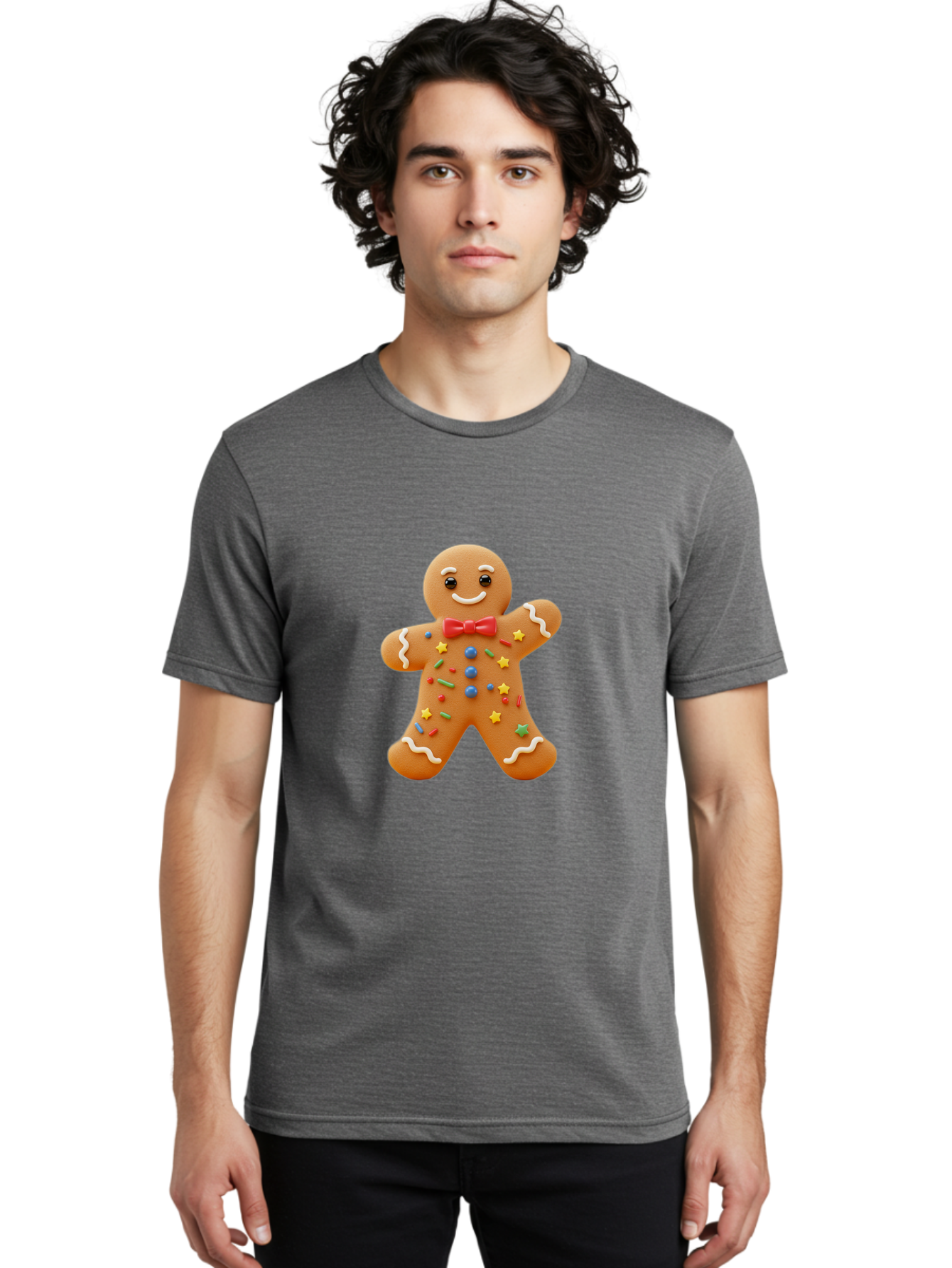 Gingerbread-Man-4 Men'S Graphic Tee, 100% Cotton, Comfortable Casual Summer Wear, Machine Washable, Gingerbread Man, Festive Treat, Holiday Cookie, Icing Decorations, Colorful Sprinkles, Red Bow Tie, Cartoon Character, Sweet Delight, Baking, Bab952