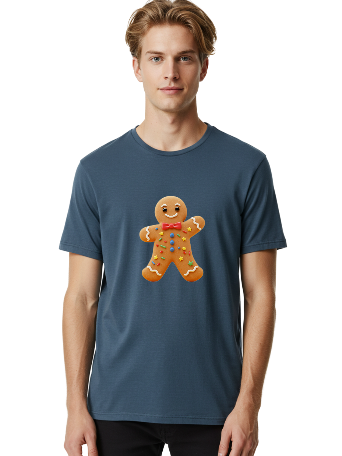 Gingerbread-Man-4 Men'S Graphic Tee, 100% Cotton, Comfortable Casual Summer Wear, Machine Washable, Gingerbread Man, Festive Treat, Holiday Cookie, Icing Decorations, Colorful Sprinkles, Red Bow Tie, Cartoon Character, Sweet Delight, Baking, Bab952