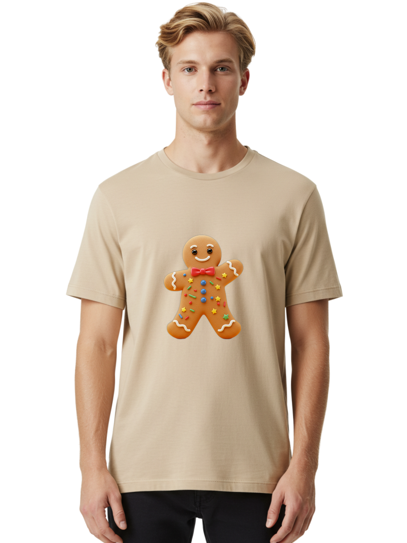 Gingerbread-Man-4 Men'S Graphic Tee, 100% Cotton, Comfortable Casual Summer Wear, Machine Washable, Gingerbread Man, Festive Treat, Holiday Cookie, Icing Decorations, Colorful Sprinkles, Red Bow Tie, Cartoon Character, Sweet Delight, Baking, Bab952