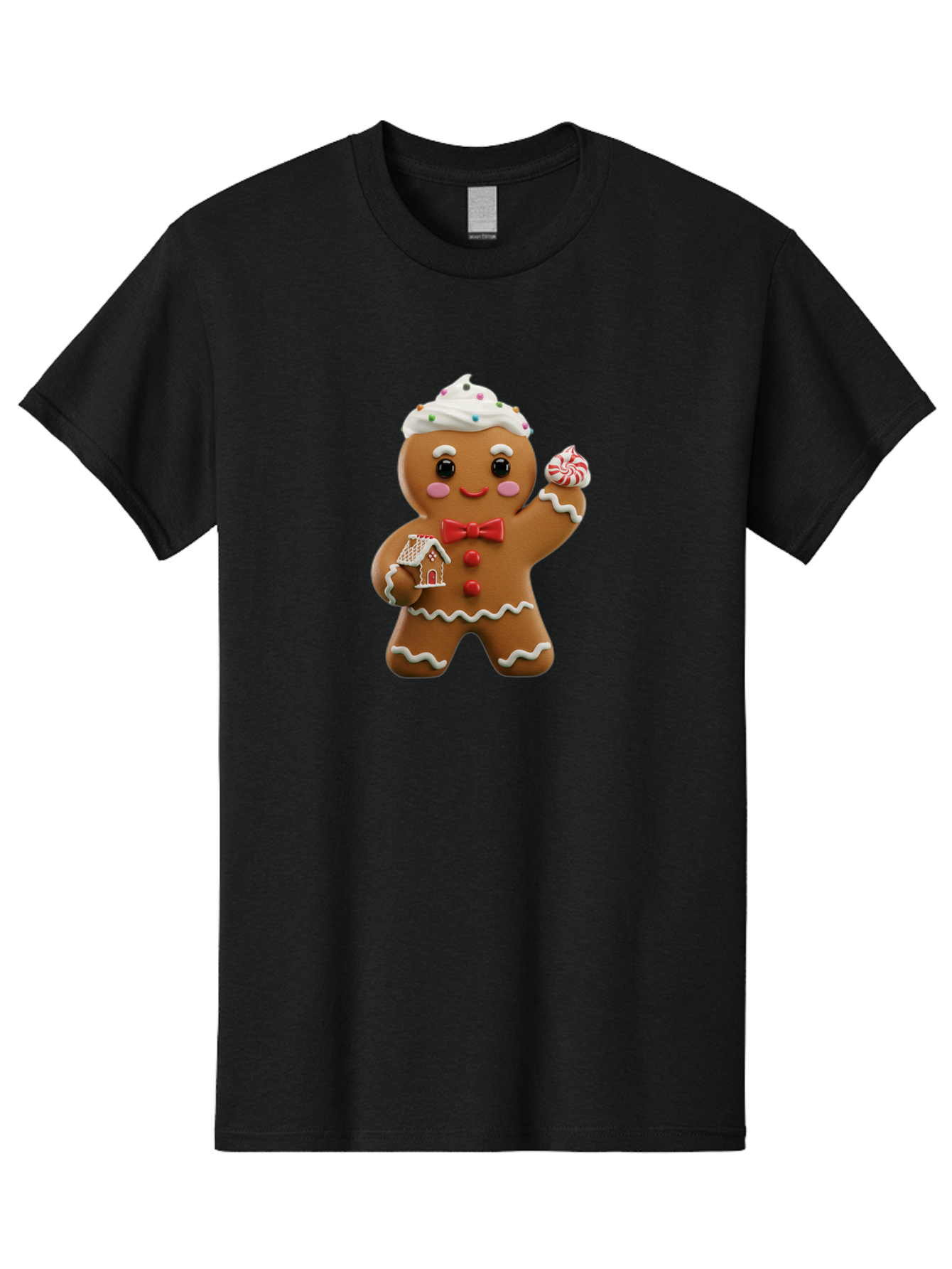 Gingerbread-Man-5 Men'S Graphic Tee, 100% Cotton, Comfortable Casual Summer Wear, Machine Washable, Gingerbread Man, Holiday Treat, Festive Dessert, Candy Decorations, Icing Details, Red Bow Tie, Red Buttons, Gingerbread House, Candy Cane, Bab953