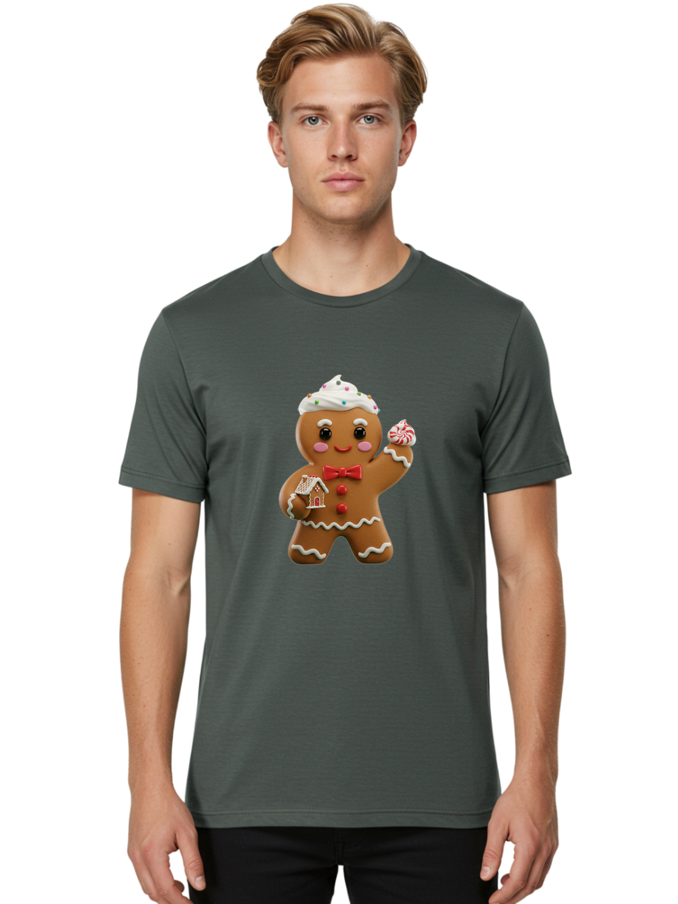 Gingerbread-Man-5 Men'S Graphic Tee, 100% Cotton, Comfortable Casual Summer Wear, Machine Washable, Gingerbread Man, Holiday Treat, Festive Dessert, Candy Decorations, Icing Details, Red Bow Tie, Red Buttons, Gingerbread House, Candy Cane, Bab953