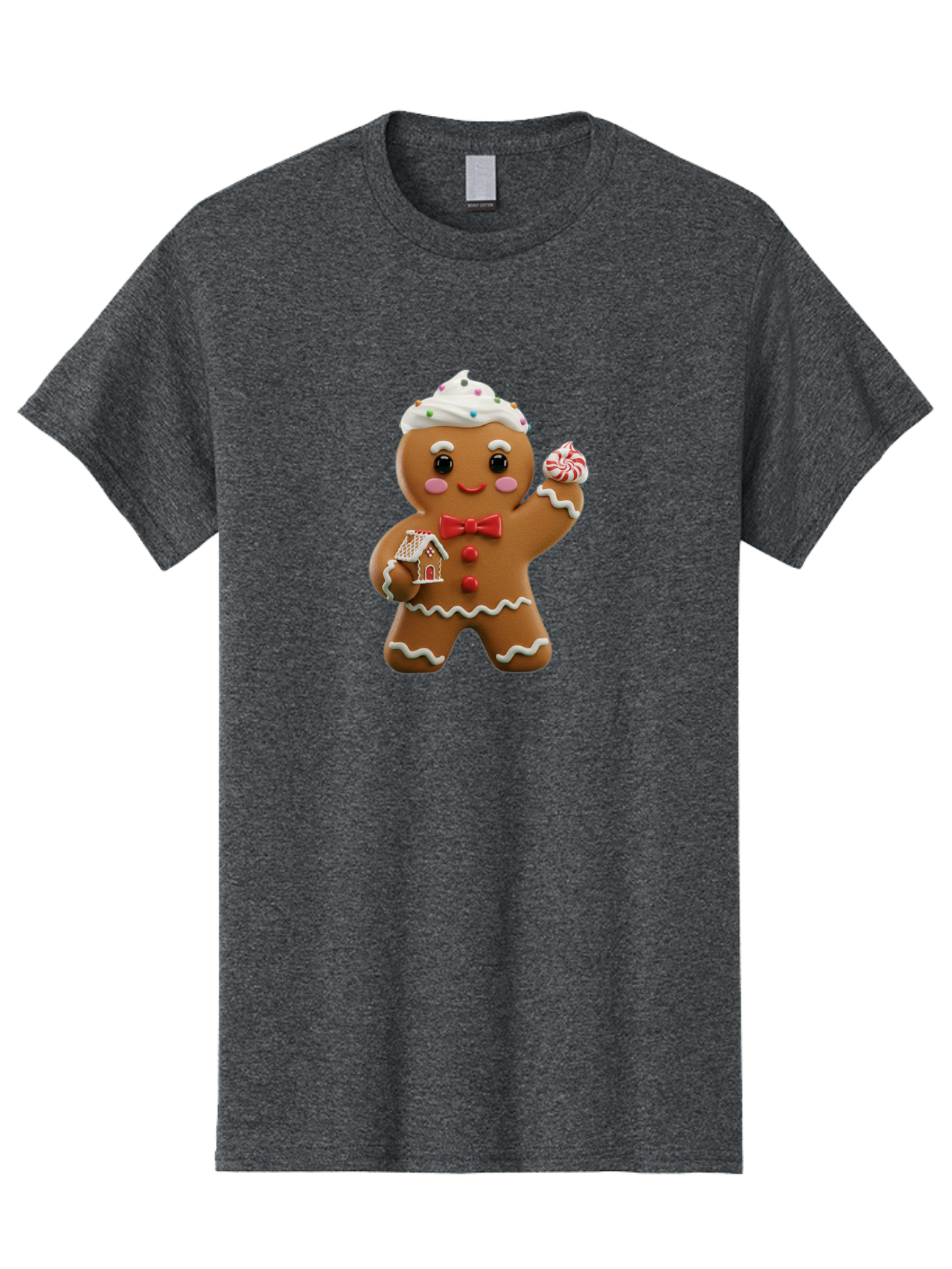 Gingerbread-Man-5 Men'S Graphic Tee, 100% Cotton, Comfortable Casual Summer Wear, Machine Washable, Gingerbread Man, Holiday Treat, Festive Dessert, Candy Decorations, Icing Details, Red Bow Tie, Red Buttons, Gingerbread House, Candy Cane, Bab953