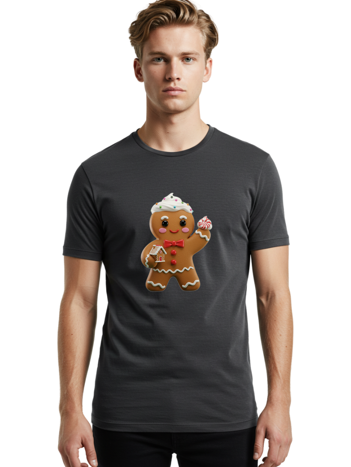 Gingerbread-Man-5 Men'S Graphic Tee, 100% Cotton, Comfortable Casual Summer Wear, Machine Washable, Gingerbread Man, Holiday Treat, Festive Dessert, Candy Decorations, Icing Details, Red Bow Tie, Red Buttons, Gingerbread House, Candy Cane, Bab953