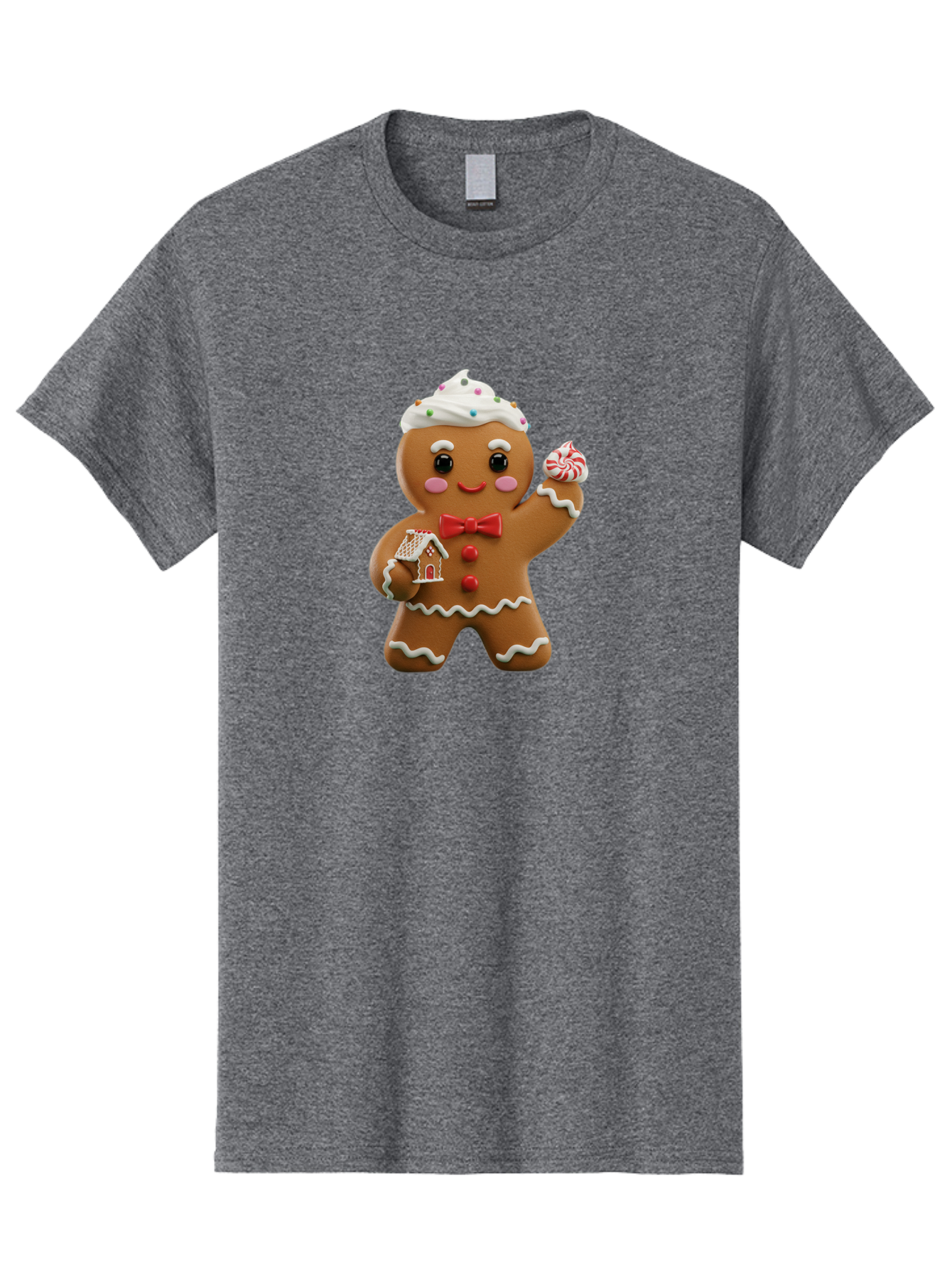 Gingerbread-Man-5 Men'S Graphic Tee, 100% Cotton, Comfortable Casual Summer Wear, Machine Washable, Gingerbread Man, Holiday Treat, Festive Dessert, Candy Decorations, Icing Details, Red Bow Tie, Red Buttons, Gingerbread House, Candy Cane, Bab953