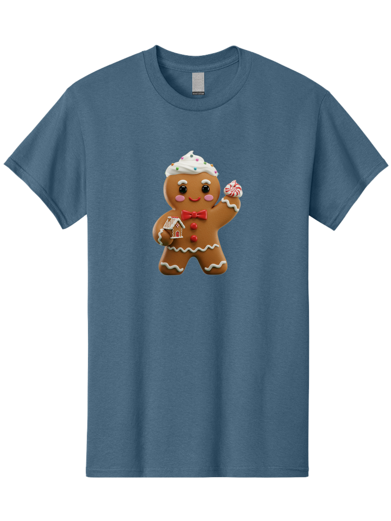 Gingerbread-Man-5 Men'S Graphic Tee, 100% Cotton, Comfortable Casual Summer Wear, Machine Washable, Gingerbread Man, Holiday Treat, Festive Dessert, Candy Decorations, Icing Details, Red Bow Tie, Red Buttons, Gingerbread House, Candy Cane, Bab953