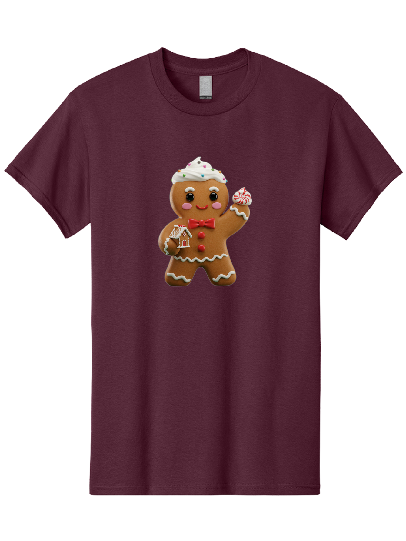 Gingerbread-Man-5 Men'S Graphic Tee, 100% Cotton, Comfortable Casual Summer Wear, Machine Washable, Gingerbread Man, Holiday Treat, Festive Dessert, Candy Decorations, Icing Details, Red Bow Tie, Red Buttons, Gingerbread House, Candy Cane, Bab953