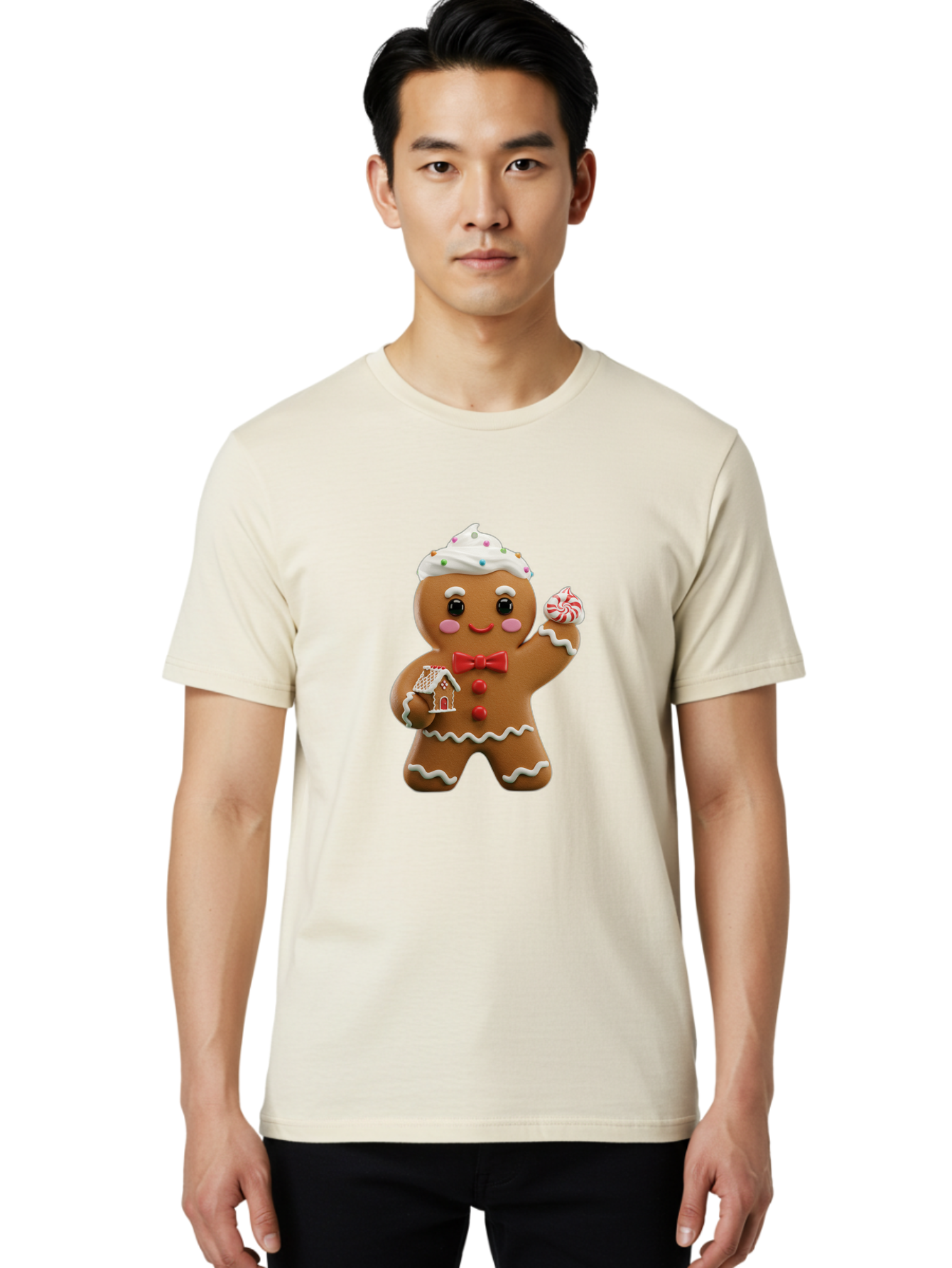Gingerbread-Man-5 Men'S Graphic Tee, 100% Cotton, Comfortable Casual Summer Wear, Machine Washable, Gingerbread Man, Holiday Treat, Festive Dessert, Candy Decorations, Icing Details, Red Bow Tie, Red Buttons, Gingerbread House, Candy Cane, Bab953