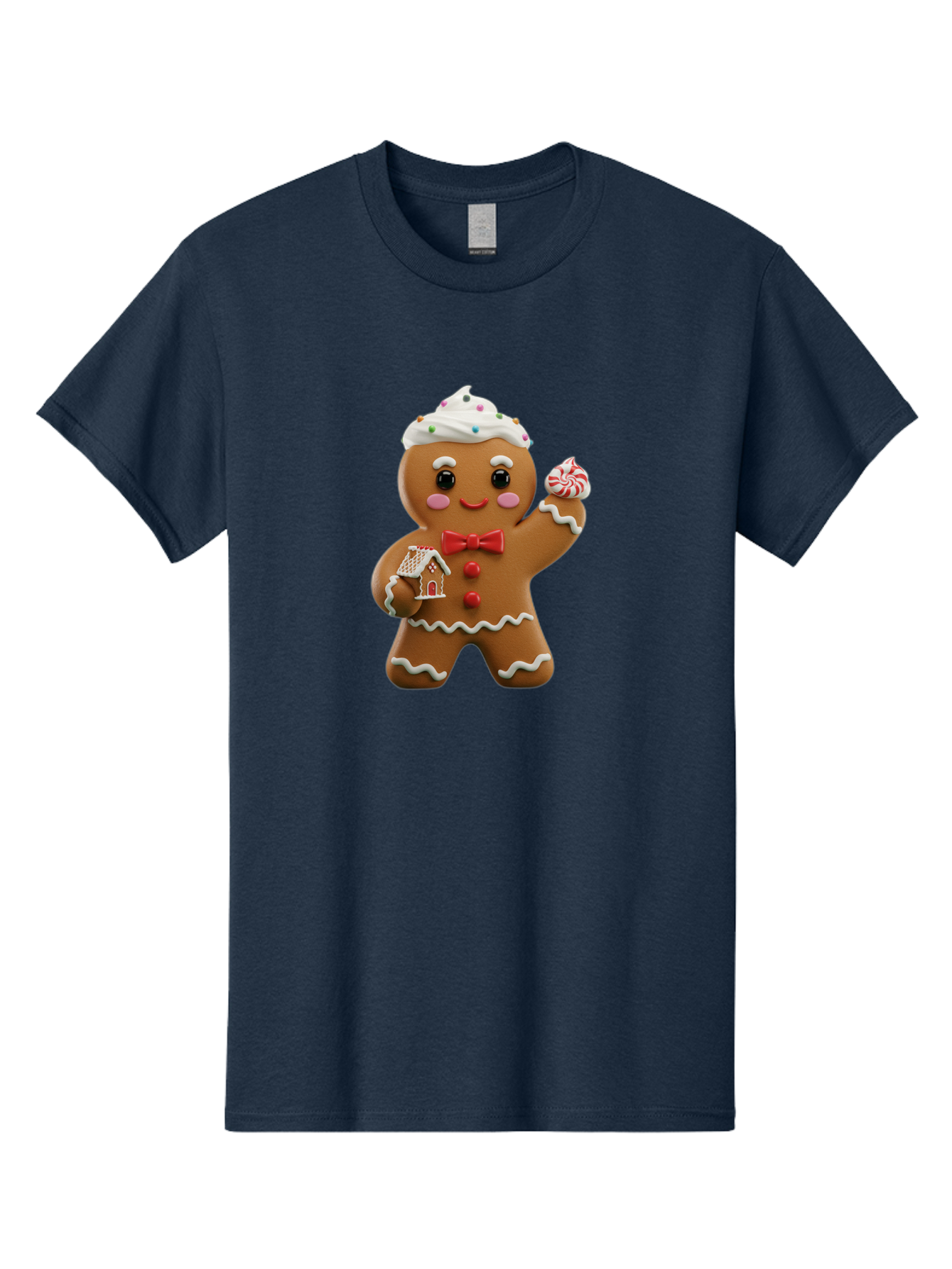 Gingerbread-Man-5 Men'S Graphic Tee, 100% Cotton, Comfortable Casual Summer Wear, Machine Washable, Gingerbread Man, Holiday Treat, Festive Dessert, Candy Decorations, Icing Details, Red Bow Tie, Red Buttons, Gingerbread House, Candy Cane, Bab953