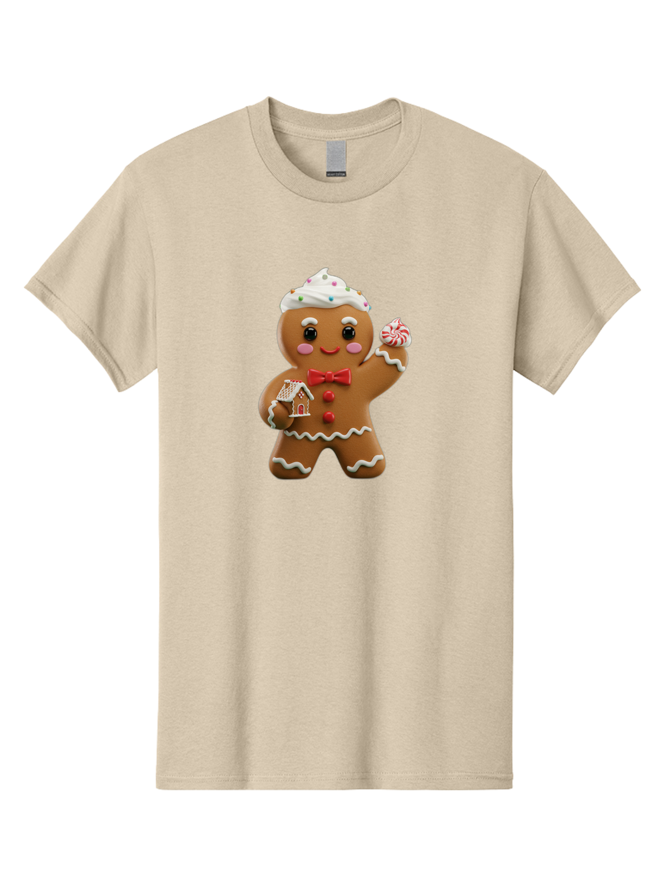 Gingerbread-Man-5 Men'S Graphic Tee, 100% Cotton, Comfortable Casual Summer Wear, Machine Washable, Gingerbread Man, Holiday Treat, Festive Dessert, Candy Decorations, Icing Details, Red Bow Tie, Red Buttons, Gingerbread House, Candy Cane, Bab953