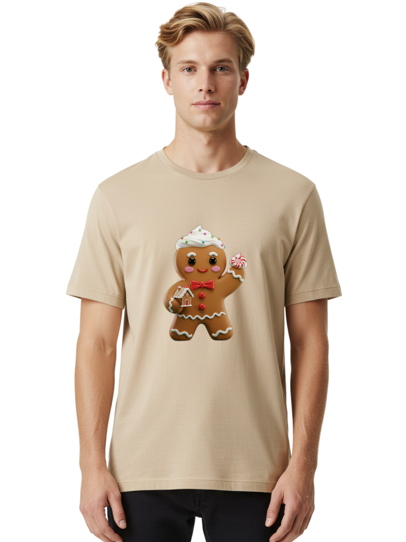 Gingerbread-Man-5 Men'S Graphic Tee, 100% Cotton, Comfortable Casual Summer Wear, Machine Washable, Gingerbread Man, Holiday Treat, Festive Dessert, Candy Decorations, Icing Details, Red Bow Tie, Red Buttons, Gingerbread House, Candy Cane, Bab953
