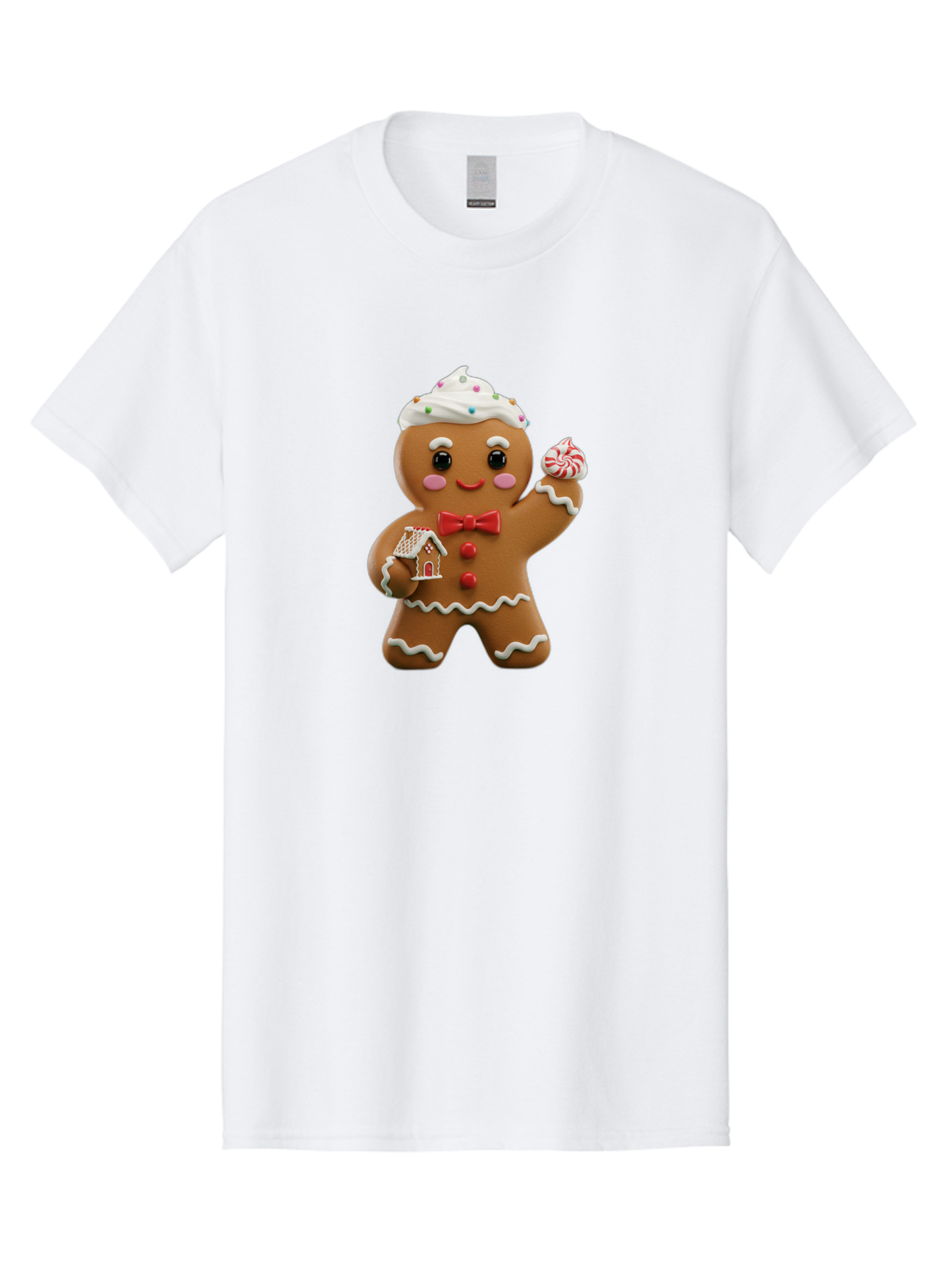 Gingerbread-Man-5 Men'S Graphic Tee, 100% Cotton, Comfortable Casual Summer Wear, Machine Washable, Gingerbread Man, Holiday Treat, Festive Dessert, Candy Decorations, Icing Details, Red Bow Tie, Red Buttons, Gingerbread House, Candy Cane, Bab953