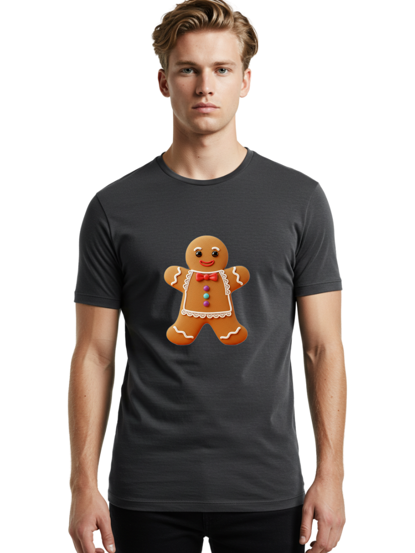 Gingerbread-Man-7 Men'S Graphic Tee, 100% Cotton, Comfortable Casual Summer Wear, Machine Washable, Gingerbread Man, Festive Holiday Treat, Sweet Cookie, Icing Details, Red Bow Tie, Colorful Candy Buttons, Cartoon Style, Whimsical Design, Bab955