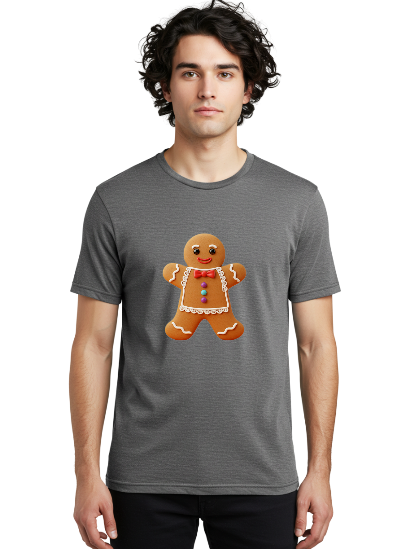 Gingerbread-Man-7 Men'S Graphic Tee, 100% Cotton, Comfortable Casual Summer Wear, Machine Washable, Gingerbread Man, Festive Holiday Treat, Sweet Cookie, Icing Details, Red Bow Tie, Colorful Candy Buttons, Cartoon Style, Whimsical Design, Bab955