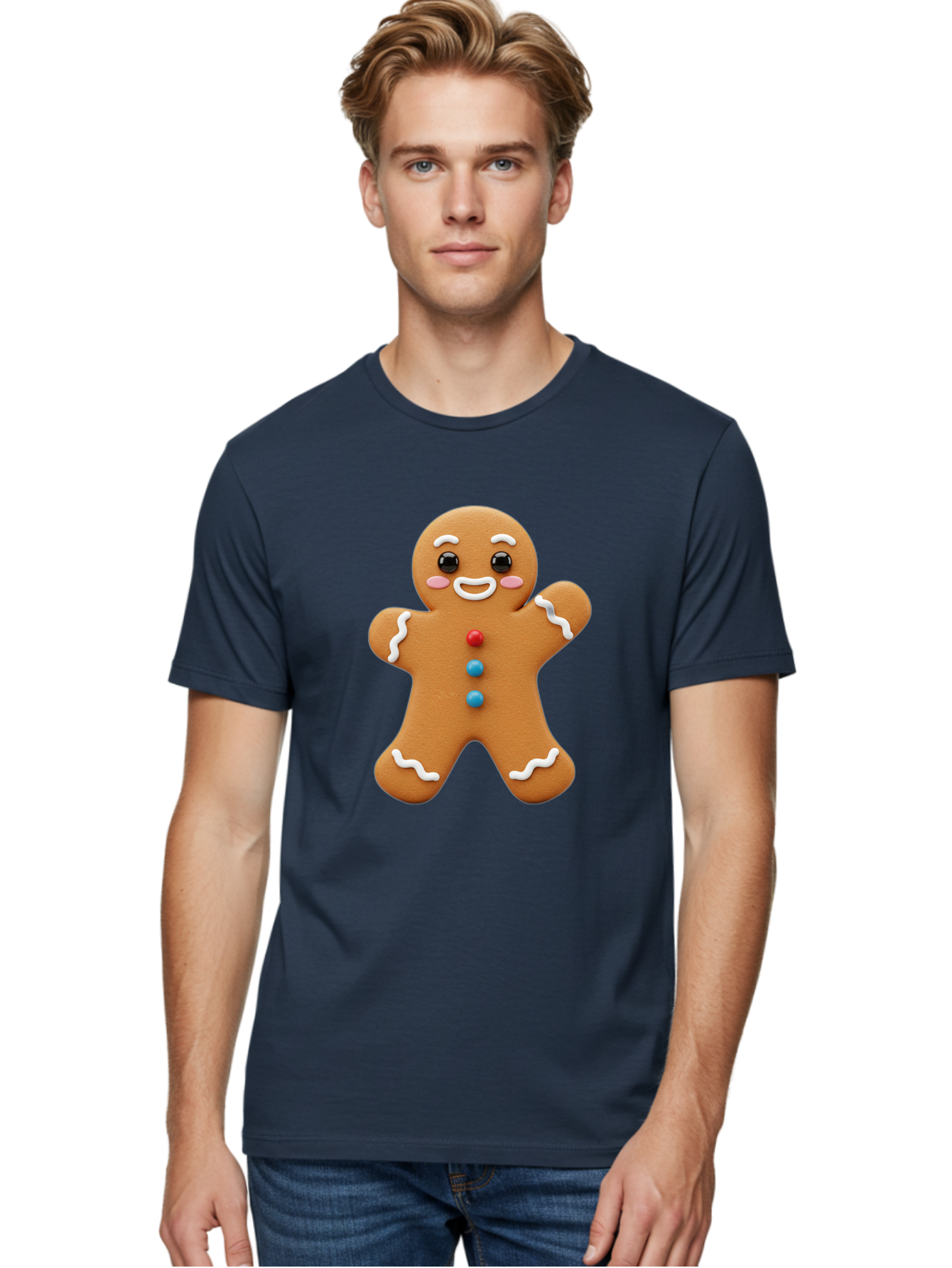 Gingerbread-Man Men'S Graphic Tee, 100% Cotton, Comfortable Casual Summer Wear, Machine Washable, Gingerbread Man, Sweet Treats, Holiday Baking, Cartoon Character, Friendly Face, White Icing, Colorful Buttons, Festive Decorations, Bab958