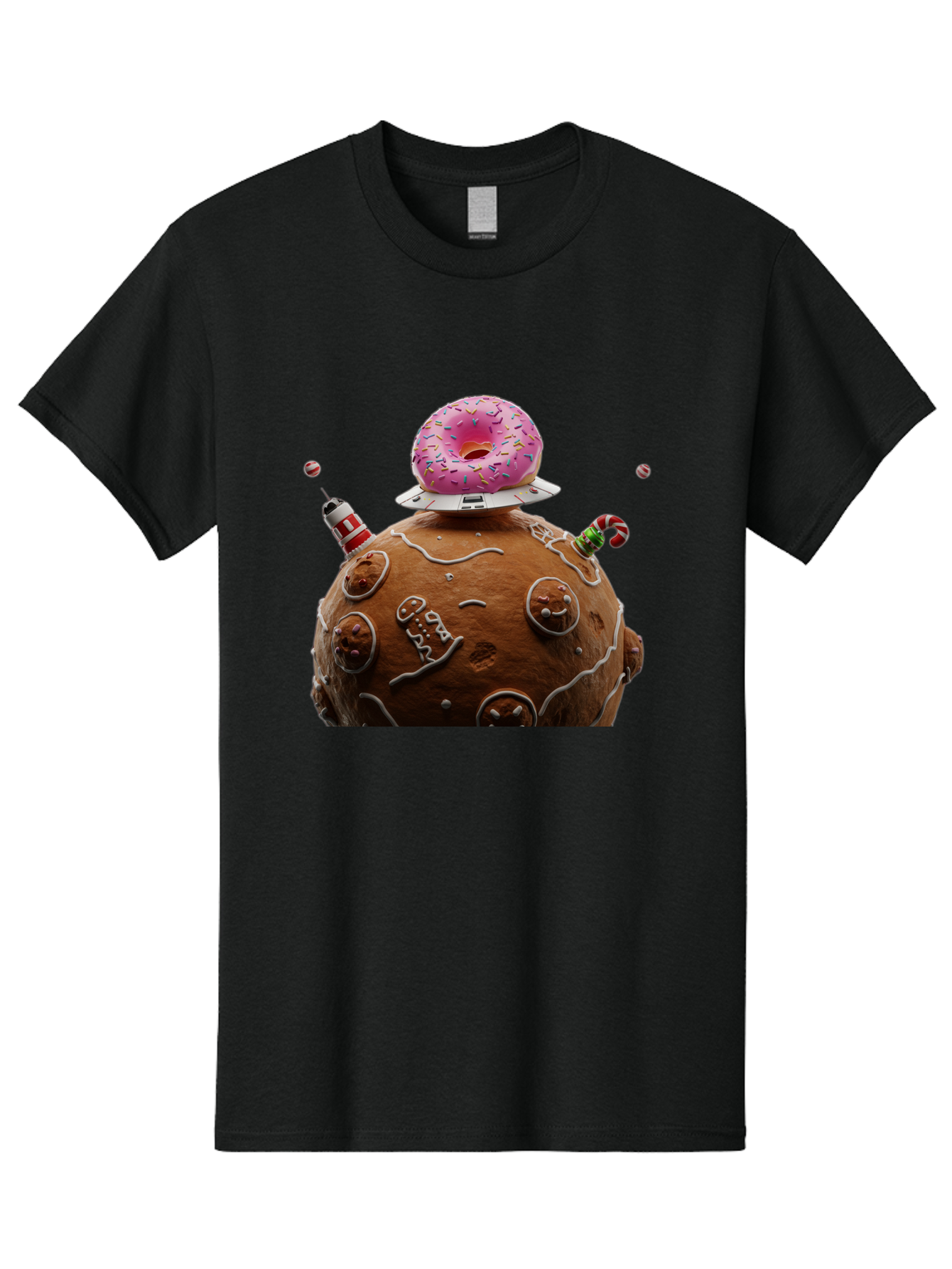 Gingerbread-Planet Men'S Graphic Tee, 100% Cotton, Comfortable Casual Summer Wear, Machine Washable, Donut Spaceship, Pink Donut, Gingerbread Planet, Candy Decorations, Icing Details, Whimsical Scene, Sweet Treats, Dessert Art, Ufo, Spaceship, Bab959