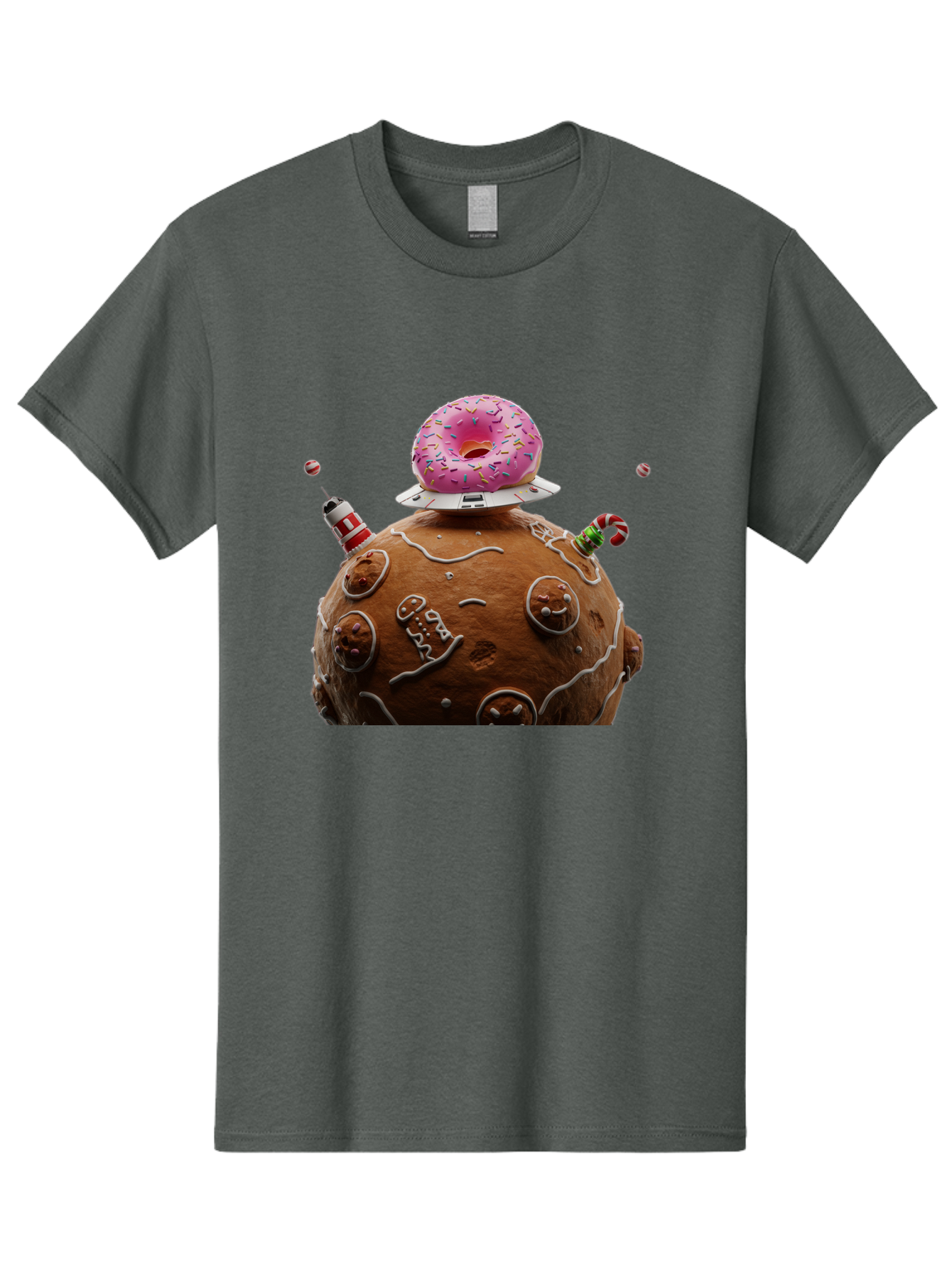 Gingerbread-Planet Men'S Graphic Tee, 100% Cotton, Comfortable Casual Summer Wear, Machine Washable, Donut Spaceship, Pink Donut, Gingerbread Planet, Candy Decorations, Icing Details, Whimsical Scene, Sweet Treats, Dessert Art, Ufo, Spaceship, Bab959