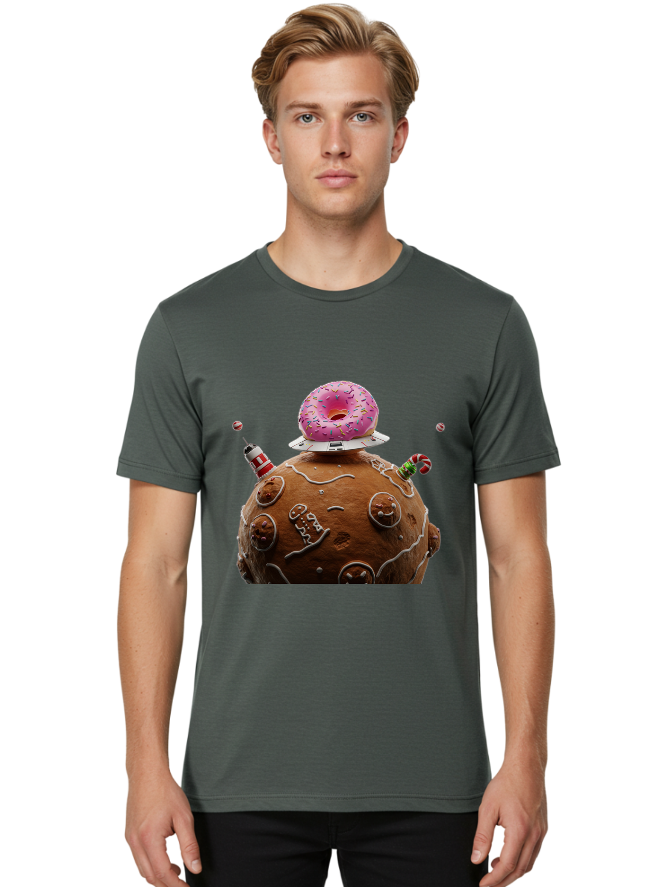 Gingerbread-Planet Men'S Graphic Tee, 100% Cotton, Comfortable Casual Summer Wear, Machine Washable, Donut Spaceship, Pink Donut, Gingerbread Planet, Candy Decorations, Icing Details, Whimsical Scene, Sweet Treats, Dessert Art, Ufo, Spaceship, Bab959