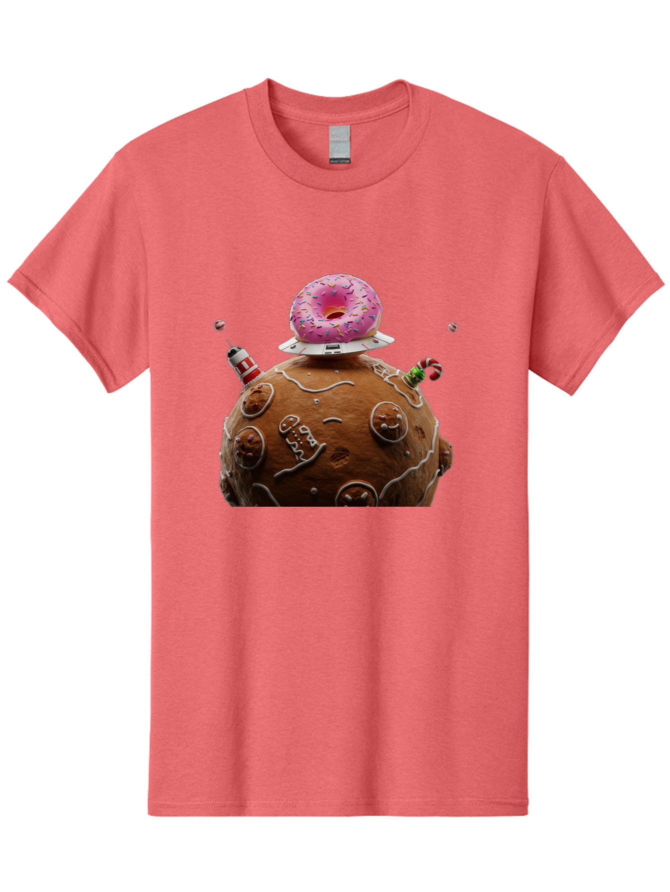 Gingerbread-Planet Men'S Graphic Tee, 100% Cotton, Comfortable Casual Summer Wear, Machine Washable, Donut Spaceship, Pink Donut, Gingerbread Planet, Candy Decorations, Icing Details, Whimsical Scene, Sweet Treats, Dessert Art, Ufo, Spaceship, Bab959