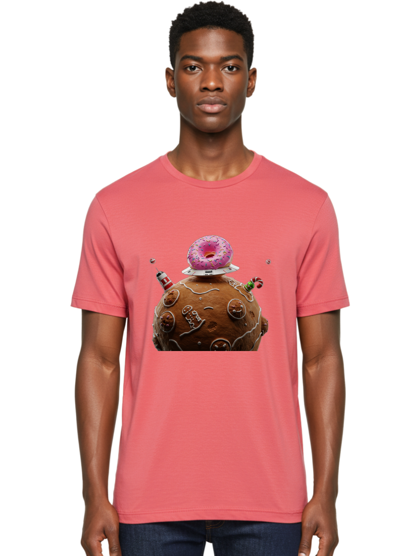 Gingerbread-Planet Men'S Graphic Tee, 100% Cotton, Comfortable Casual Summer Wear, Machine Washable, Donut Spaceship, Pink Donut, Gingerbread Planet, Candy Decorations, Icing Details, Whimsical Scene, Sweet Treats, Dessert Art, Ufo, Spaceship, Bab959