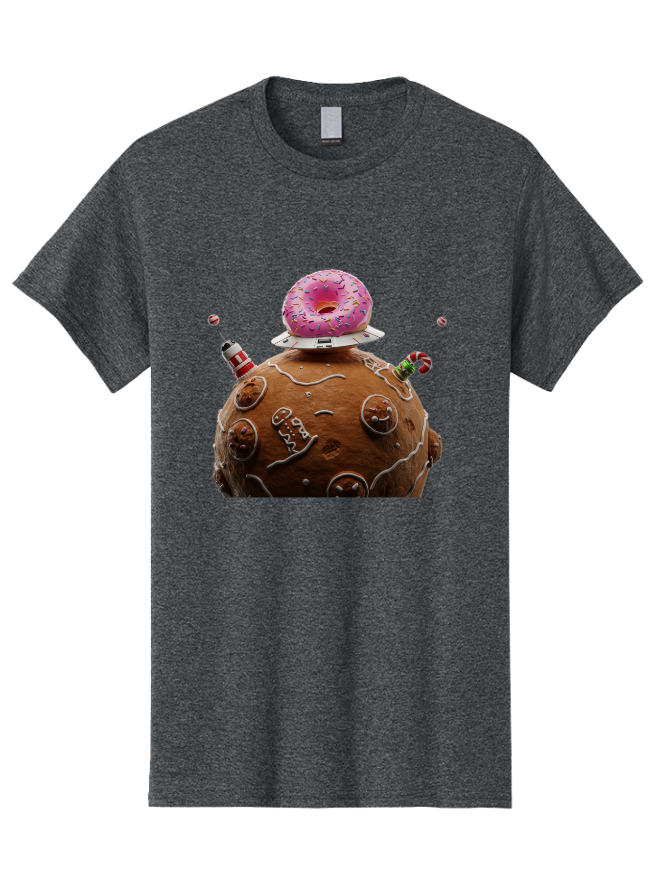 Gingerbread-Planet Men'S Graphic Tee, 100% Cotton, Comfortable Casual Summer Wear, Machine Washable, Donut Spaceship, Pink Donut, Gingerbread Planet, Candy Decorations, Icing Details, Whimsical Scene, Sweet Treats, Dessert Art, Ufo, Spaceship, Bab959