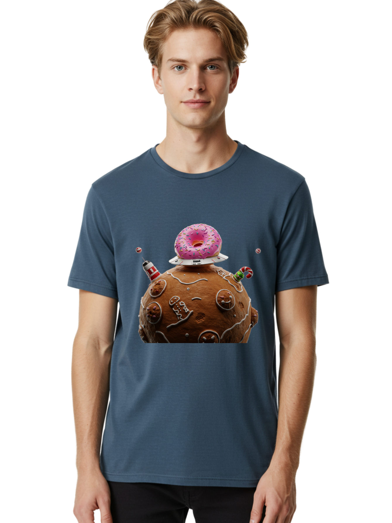 Gingerbread-Planet Men'S Graphic Tee, 100% Cotton, Comfortable Casual Summer Wear, Machine Washable, Donut Spaceship, Pink Donut, Gingerbread Planet, Candy Decorations, Icing Details, Whimsical Scene, Sweet Treats, Dessert Art, Ufo, Spaceship, Bab959
