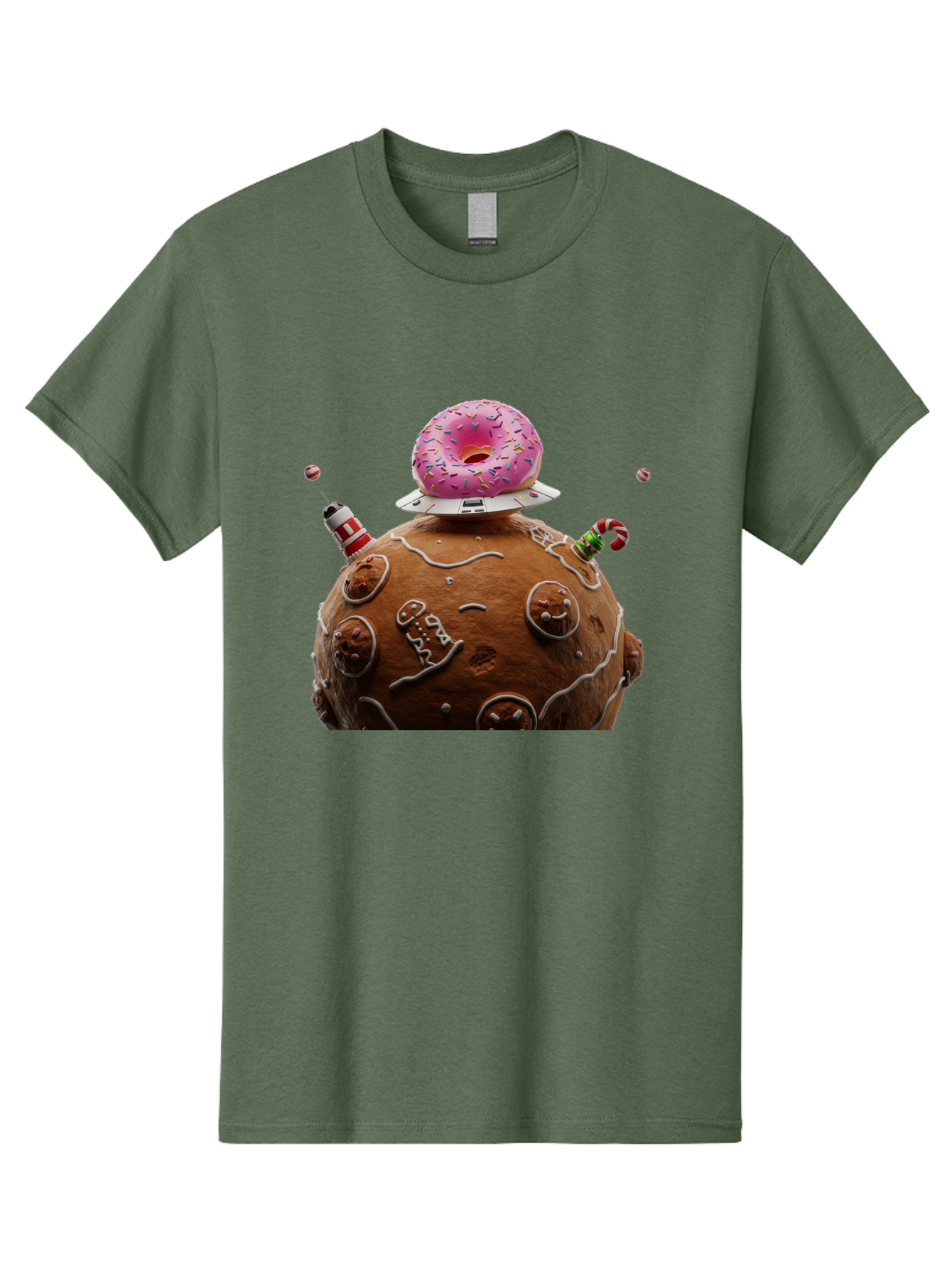 Gingerbread-Planet Men'S Graphic Tee, 100% Cotton, Comfortable Casual Summer Wear, Machine Washable, Donut Spaceship, Pink Donut, Gingerbread Planet, Candy Decorations, Icing Details, Whimsical Scene, Sweet Treats, Dessert Art, Ufo, Spaceship, Bab959