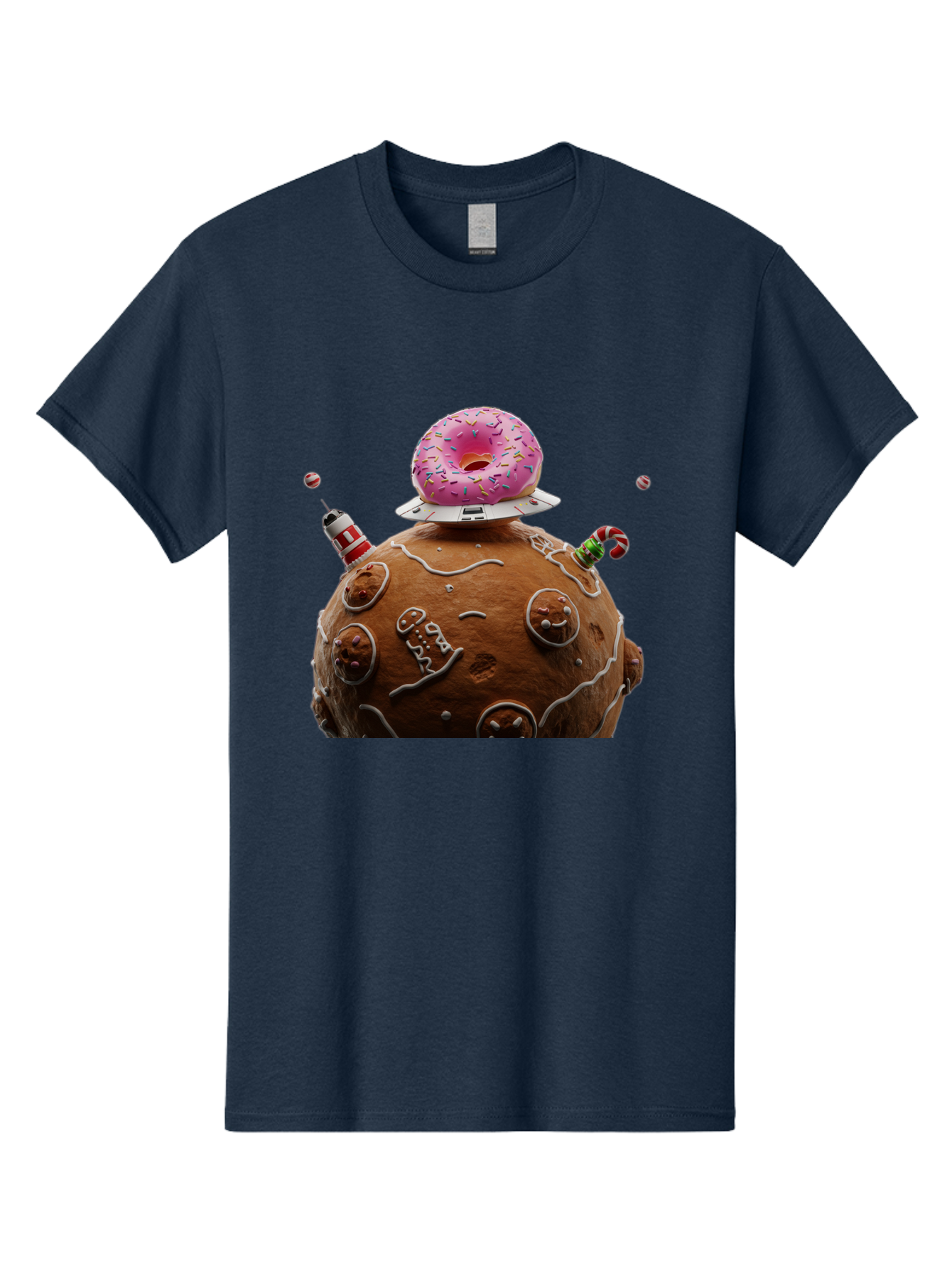 Gingerbread-Planet Men'S Graphic Tee, 100% Cotton, Comfortable Casual Summer Wear, Machine Washable, Donut Spaceship, Pink Donut, Gingerbread Planet, Candy Decorations, Icing Details, Whimsical Scene, Sweet Treats, Dessert Art, Ufo, Spaceship, Bab959