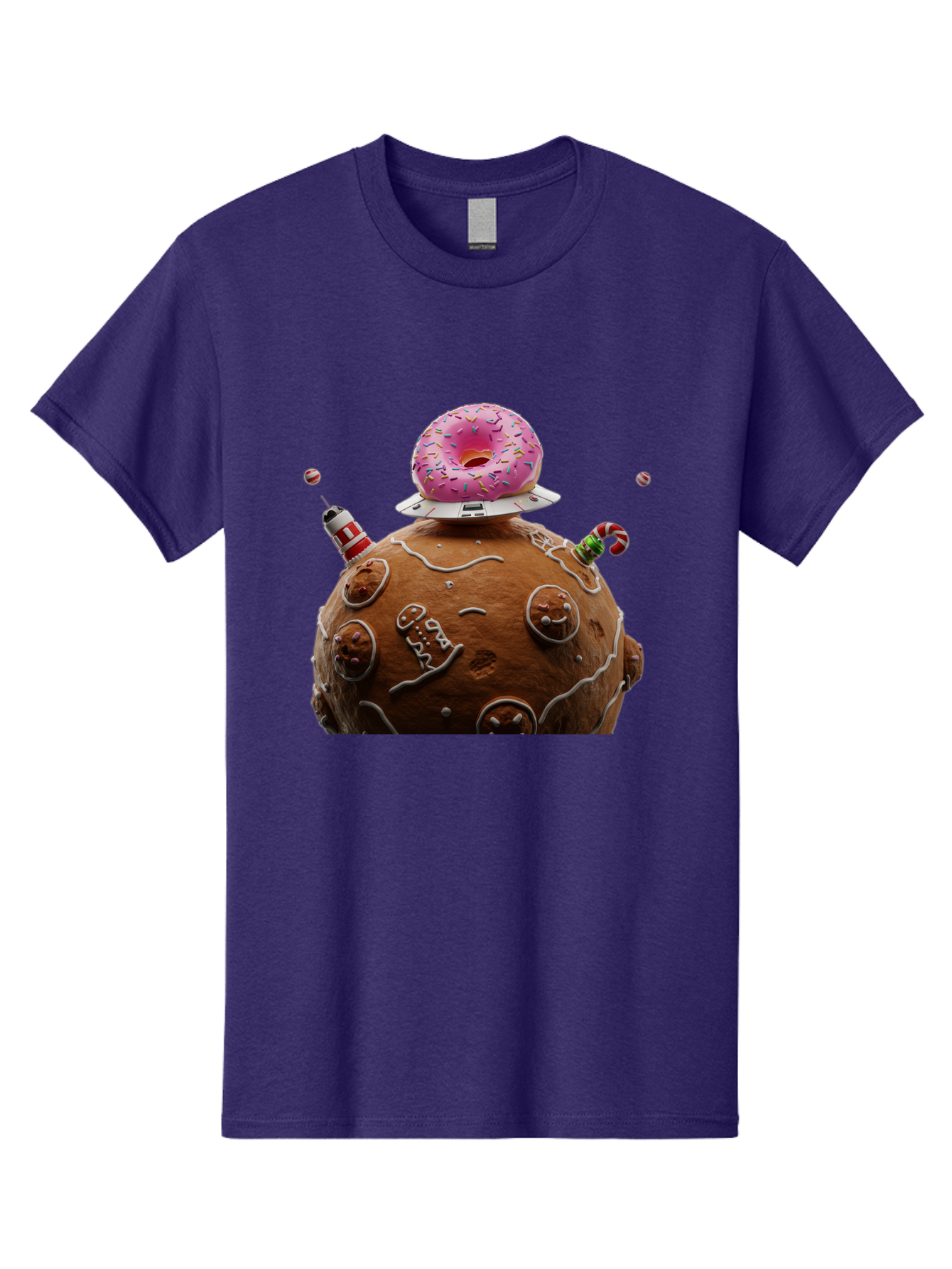 Gingerbread-Planet Men'S Graphic Tee, 100% Cotton, Comfortable Casual Summer Wear, Machine Washable, Donut Spaceship, Pink Donut, Gingerbread Planet, Candy Decorations, Icing Details, Whimsical Scene, Sweet Treats, Dessert Art, Ufo, Spaceship, Bab959