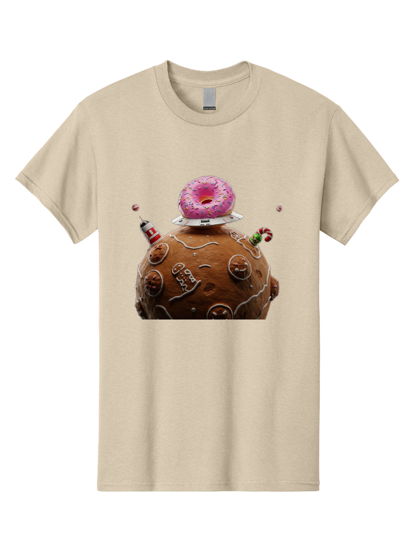 Gingerbread-Planet Men'S Graphic Tee, 100% Cotton, Comfortable Casual Summer Wear, Machine Washable, Donut Spaceship, Pink Donut, Gingerbread Planet, Candy Decorations, Icing Details, Whimsical Scene, Sweet Treats, Dessert Art, Ufo, Spaceship, Bab959