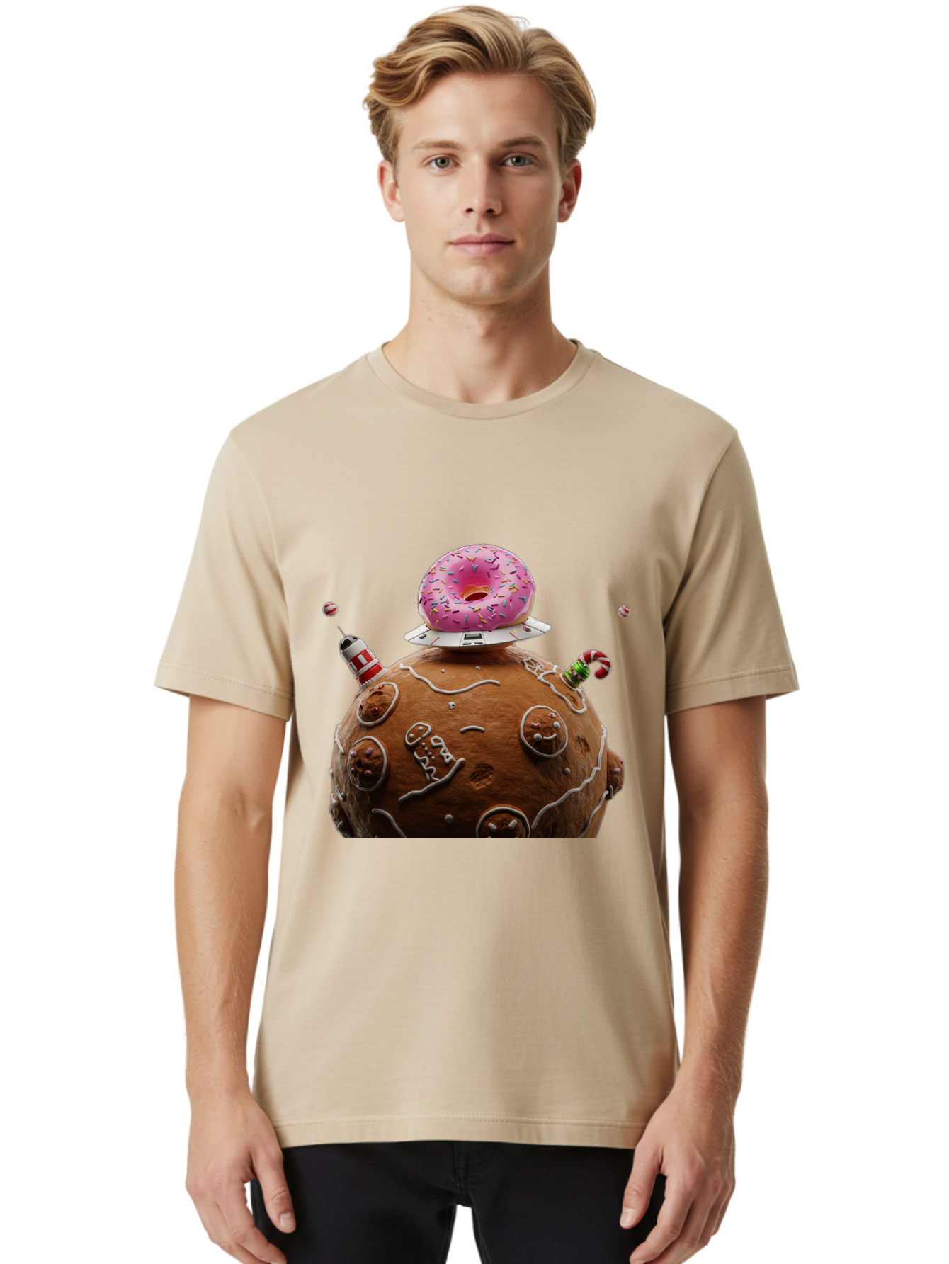 Gingerbread-Planet Men'S Graphic Tee, 100% Cotton, Comfortable Casual Summer Wear, Machine Washable, Donut Spaceship, Pink Donut, Gingerbread Planet, Candy Decorations, Icing Details, Whimsical Scene, Sweet Treats, Dessert Art, Ufo, Spaceship, Bab959