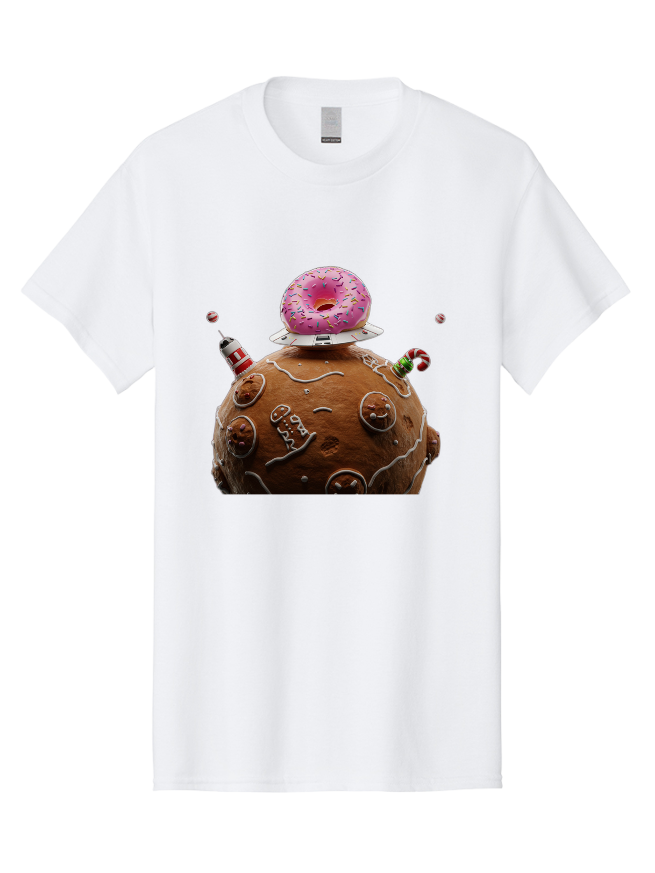Gingerbread-Planet Men'S Graphic Tee, 100% Cotton, Comfortable Casual Summer Wear, Machine Washable, Donut Spaceship, Pink Donut, Gingerbread Planet, Candy Decorations, Icing Details, Whimsical Scene, Sweet Treats, Dessert Art, Ufo, Spaceship, Bab959