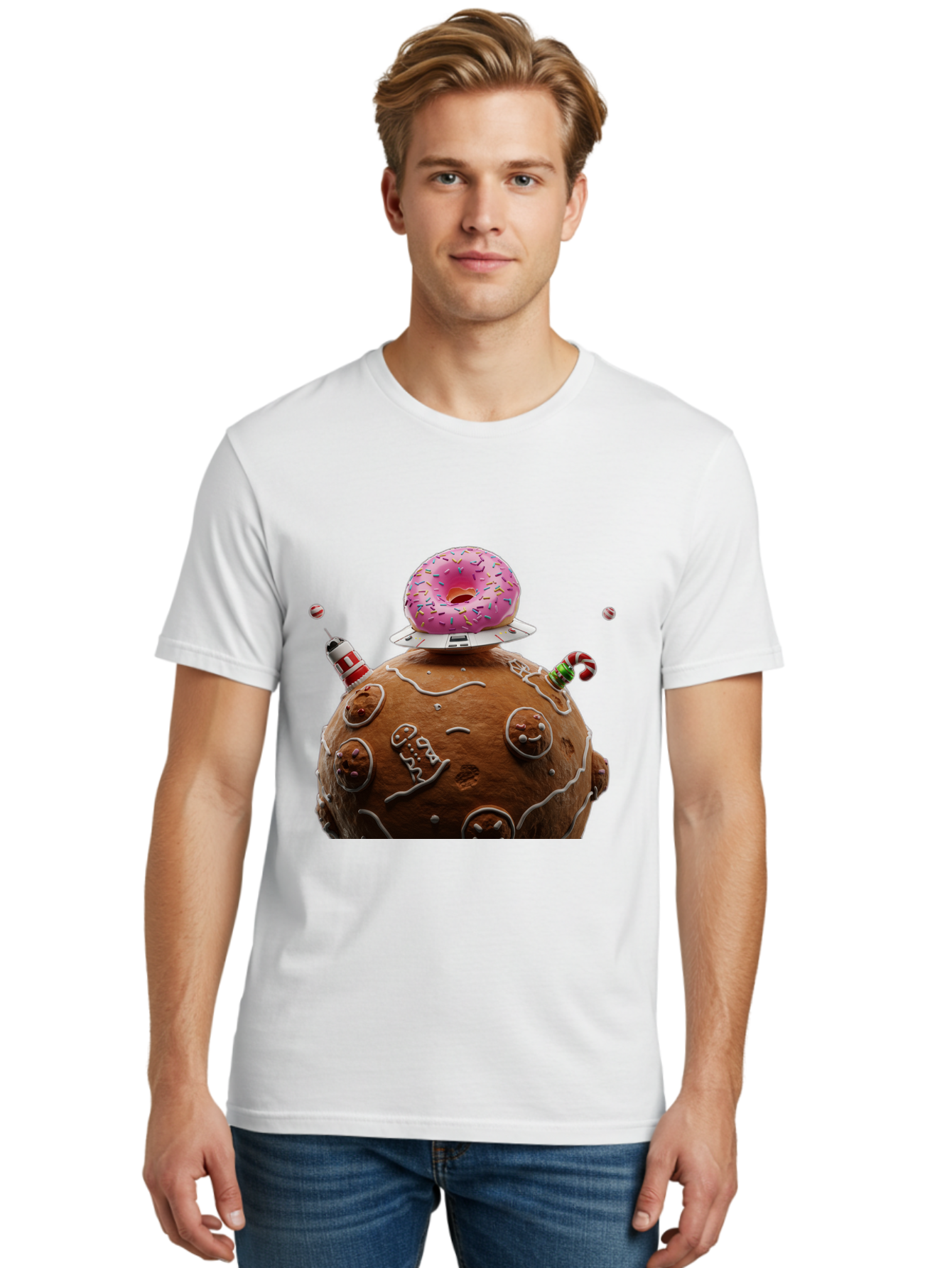Gingerbread-Planet Men'S Graphic Tee, 100% Cotton, Comfortable Casual Summer Wear, Machine Washable, Donut Spaceship, Pink Donut, Gingerbread Planet, Candy Decorations, Icing Details, Whimsical Scene, Sweet Treats, Dessert Art, Ufo, Spaceship, Bab959