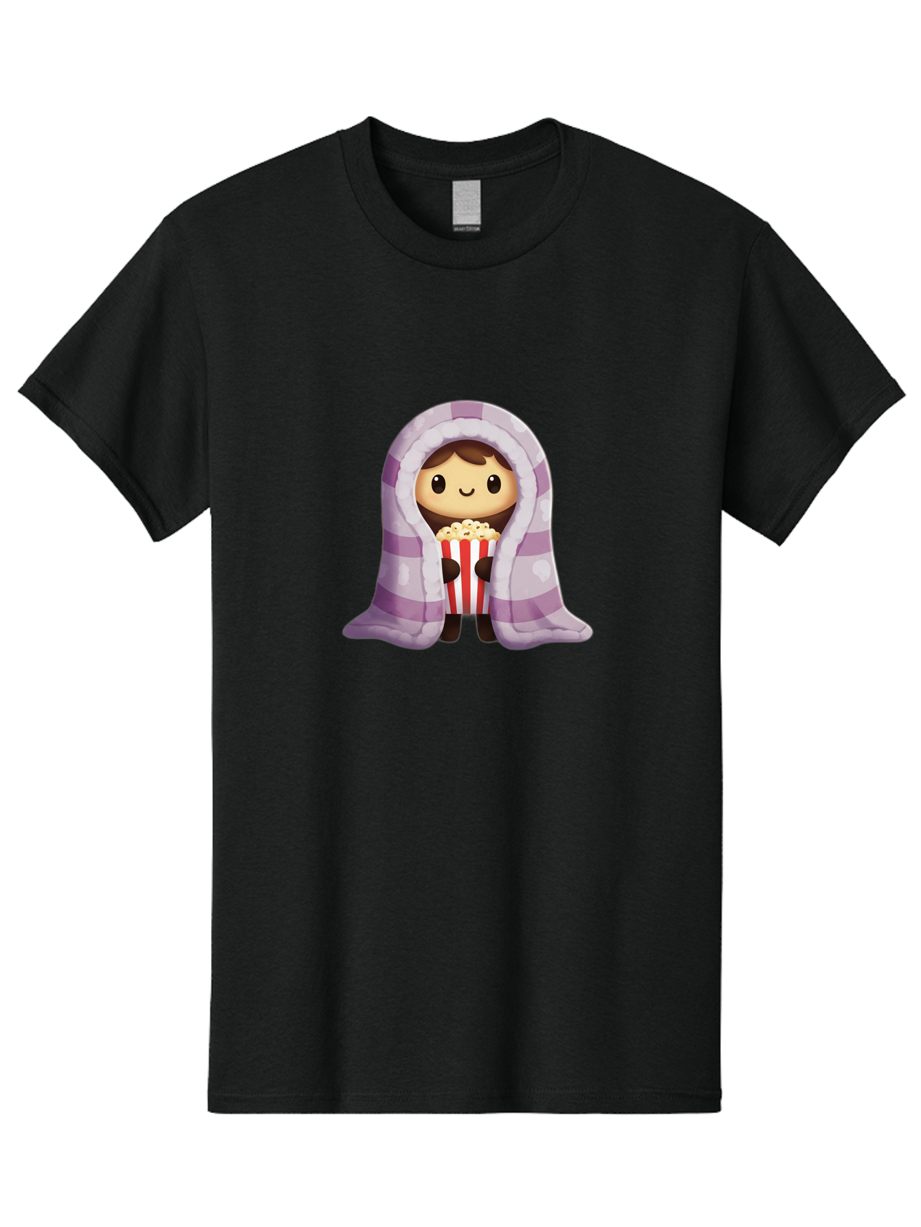 Girl-With-Popcorn Men'S Graphic Tee, 100% Cotton, Comfortable Casual Summer Wear, Machine Washable, Cartoon Girl, Wrapped In Blanket, Holding Popcorn, Cozy Atmosphere, Relaxed Mood, Kawaii Style, Cute Character, Movie Night, Snack Time, Bab960