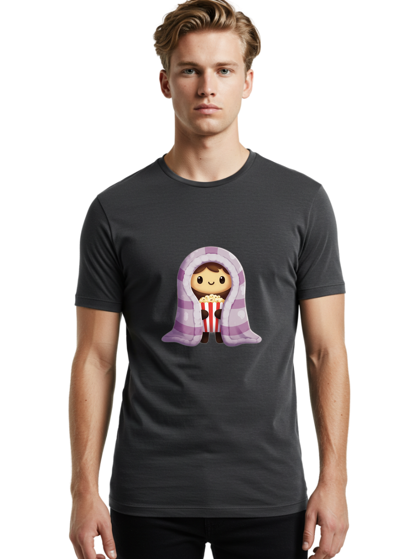 Girl-With-Popcorn Men'S Graphic Tee, 100% Cotton, Comfortable Casual Summer Wear, Machine Washable, Cartoon Girl, Wrapped In Blanket, Holding Popcorn, Cozy Atmosphere, Relaxed Mood, Kawaii Style, Cute Character, Movie Night, Snack Time, Bab960