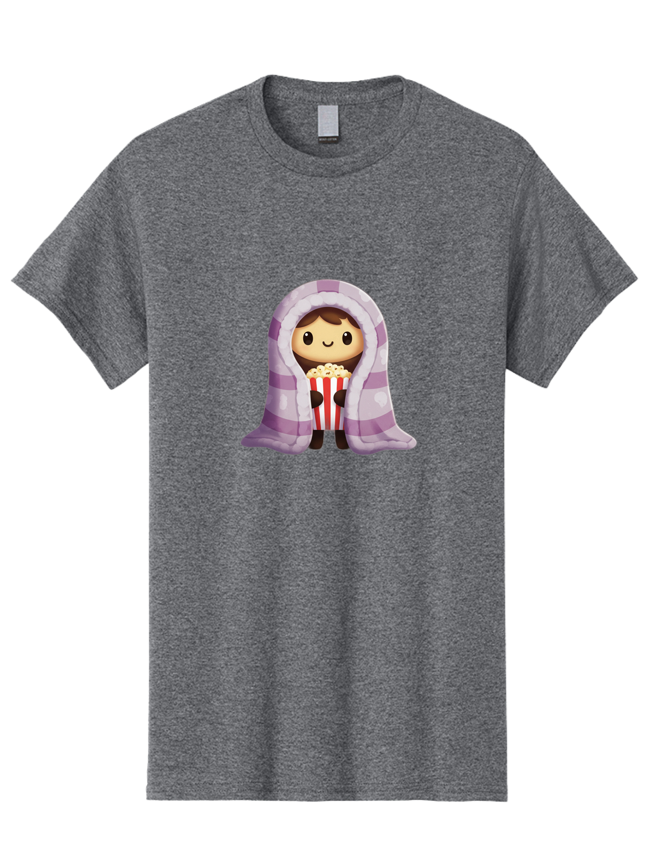 Girl-With-Popcorn Men'S Graphic Tee, 100% Cotton, Comfortable Casual Summer Wear, Machine Washable, Cartoon Girl, Wrapped In Blanket, Holding Popcorn, Cozy Atmosphere, Relaxed Mood, Kawaii Style, Cute Character, Movie Night, Snack Time, Bab960