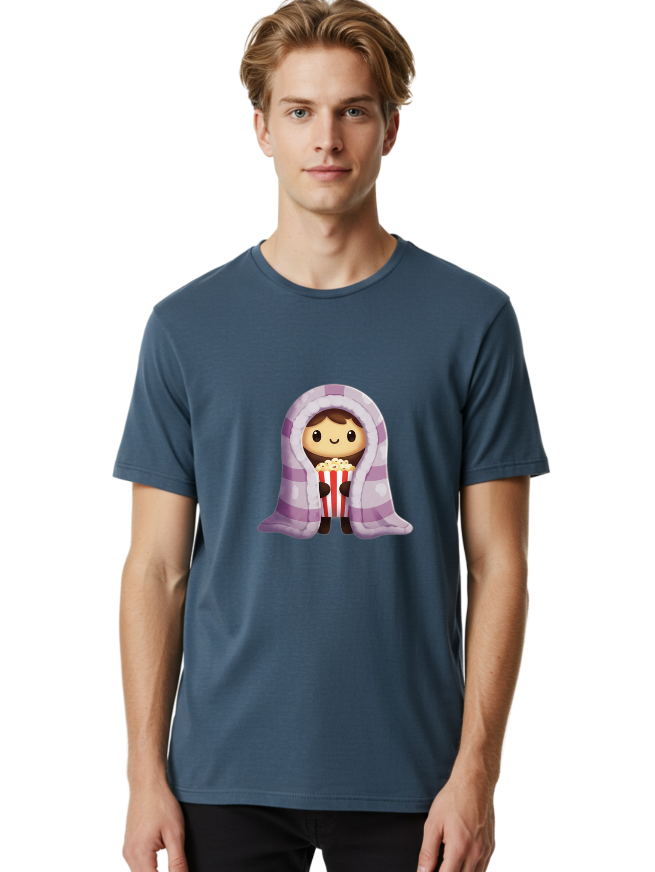 Girl-With-Popcorn Men'S Graphic Tee, 100% Cotton, Comfortable Casual Summer Wear, Machine Washable, Cartoon Girl, Wrapped In Blanket, Holding Popcorn, Cozy Atmosphere, Relaxed Mood, Kawaii Style, Cute Character, Movie Night, Snack Time, Bab960