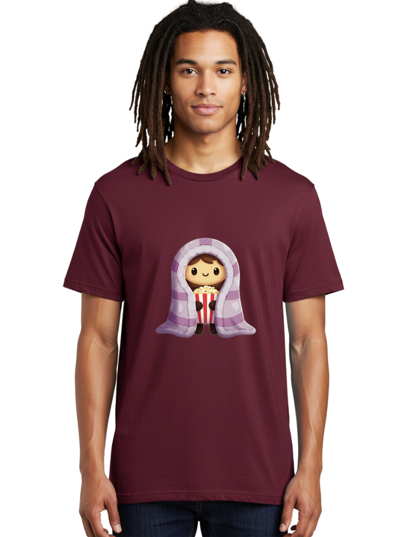 Girl-With-Popcorn Men'S Graphic Tee, 100% Cotton, Comfortable Casual Summer Wear, Machine Washable, Cartoon Girl, Wrapped In Blanket, Holding Popcorn, Cozy Atmosphere, Relaxed Mood, Kawaii Style, Cute Character, Movie Night, Snack Time, Bab960