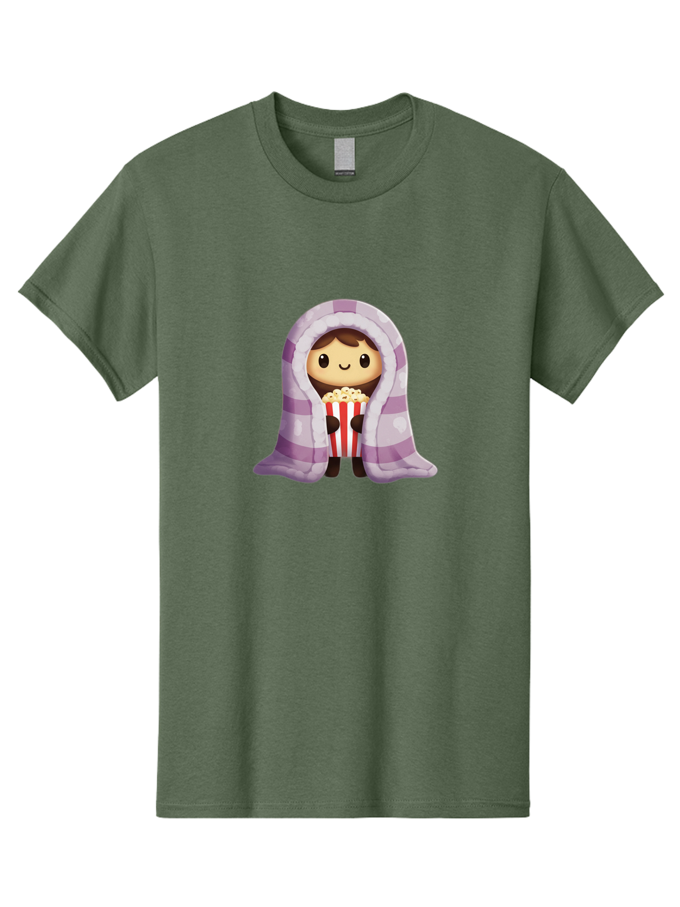 Girl-With-Popcorn Men'S Graphic Tee, 100% Cotton, Comfortable Casual Summer Wear, Machine Washable, Cartoon Girl, Wrapped In Blanket, Holding Popcorn, Cozy Atmosphere, Relaxed Mood, Kawaii Style, Cute Character, Movie Night, Snack Time, Bab960