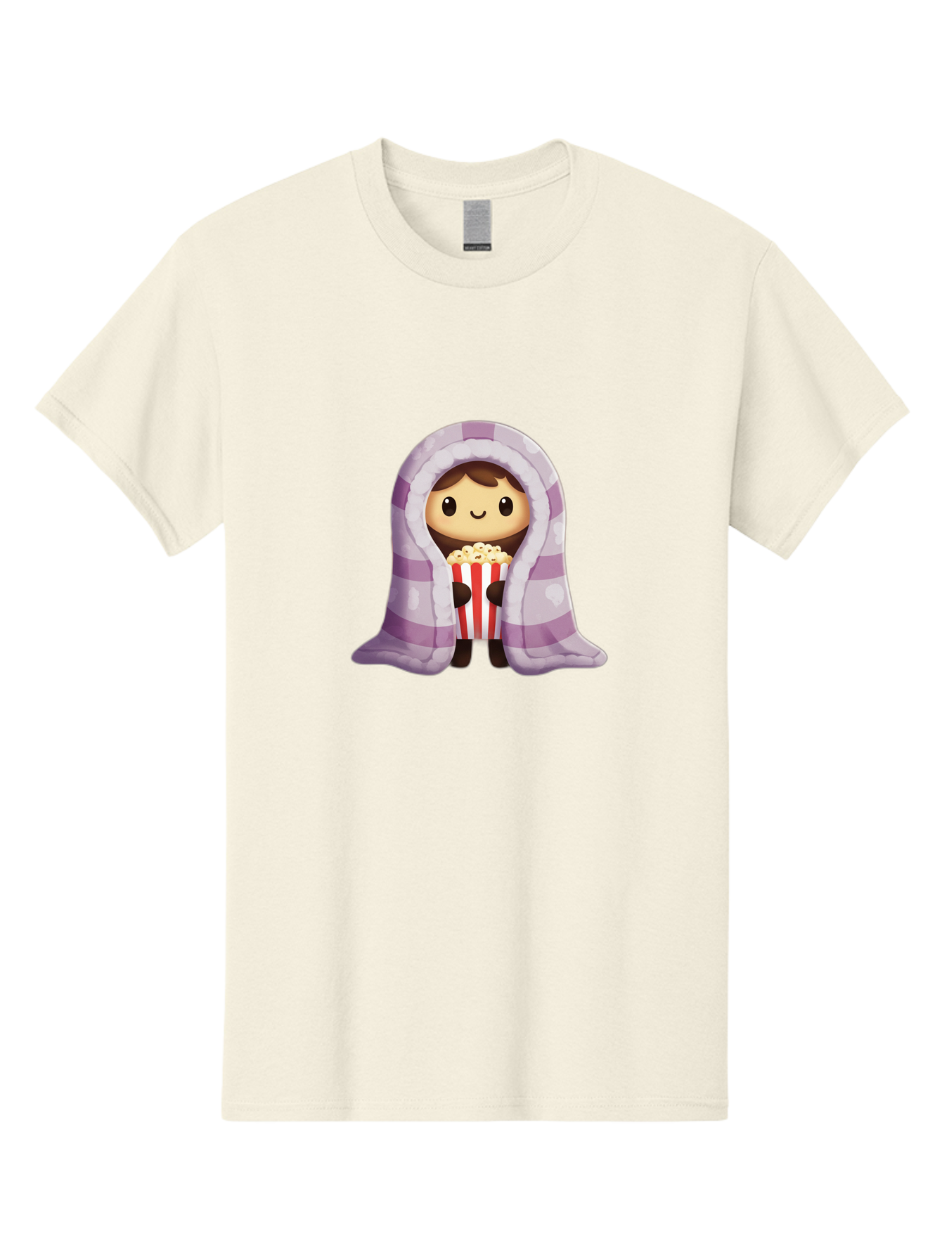 Girl-With-Popcorn Men'S Graphic Tee, 100% Cotton, Comfortable Casual Summer Wear, Machine Washable, Cartoon Girl, Wrapped In Blanket, Holding Popcorn, Cozy Atmosphere, Relaxed Mood, Kawaii Style, Cute Character, Movie Night, Snack Time, Bab960