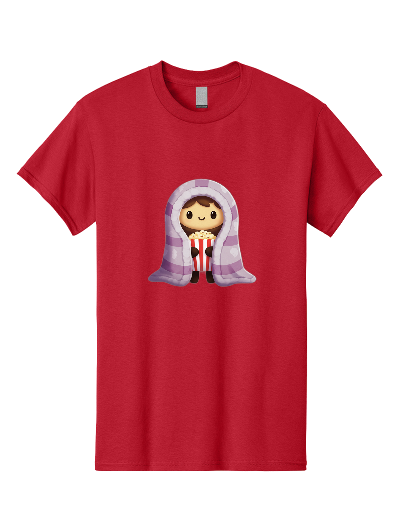 Girl-With-Popcorn Men'S Graphic Tee, 100% Cotton, Comfortable Casual Summer Wear, Machine Washable, Cartoon Girl, Wrapped In Blanket, Holding Popcorn, Cozy Atmosphere, Relaxed Mood, Kawaii Style, Cute Character, Movie Night, Snack Time, Bab960