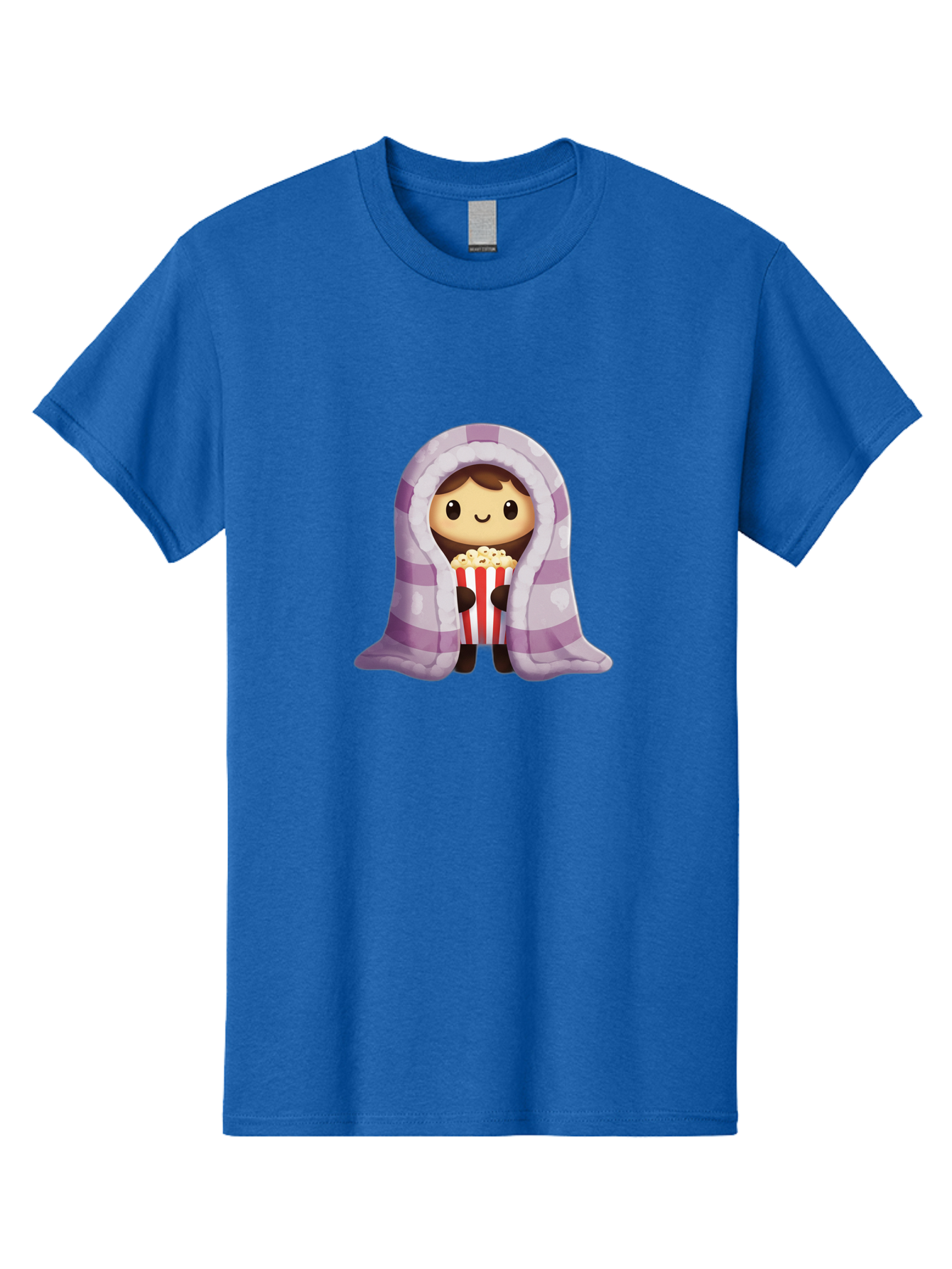 Girl-With-Popcorn Men'S Graphic Tee, 100% Cotton, Comfortable Casual Summer Wear, Machine Washable, Cartoon Girl, Wrapped In Blanket, Holding Popcorn, Cozy Atmosphere, Relaxed Mood, Kawaii Style, Cute Character, Movie Night, Snack Time, Bab960