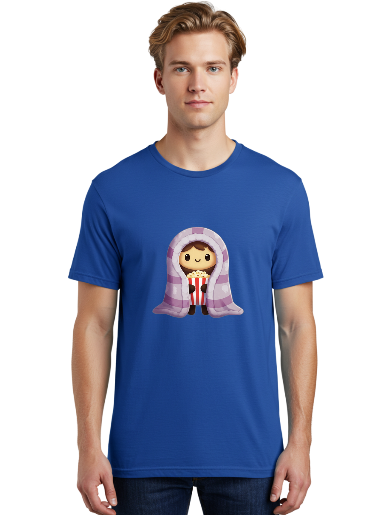 Girl-With-Popcorn Men'S Graphic Tee, 100% Cotton, Comfortable Casual Summer Wear, Machine Washable, Cartoon Girl, Wrapped In Blanket, Holding Popcorn, Cozy Atmosphere, Relaxed Mood, Kawaii Style, Cute Character, Movie Night, Snack Time, Bab960