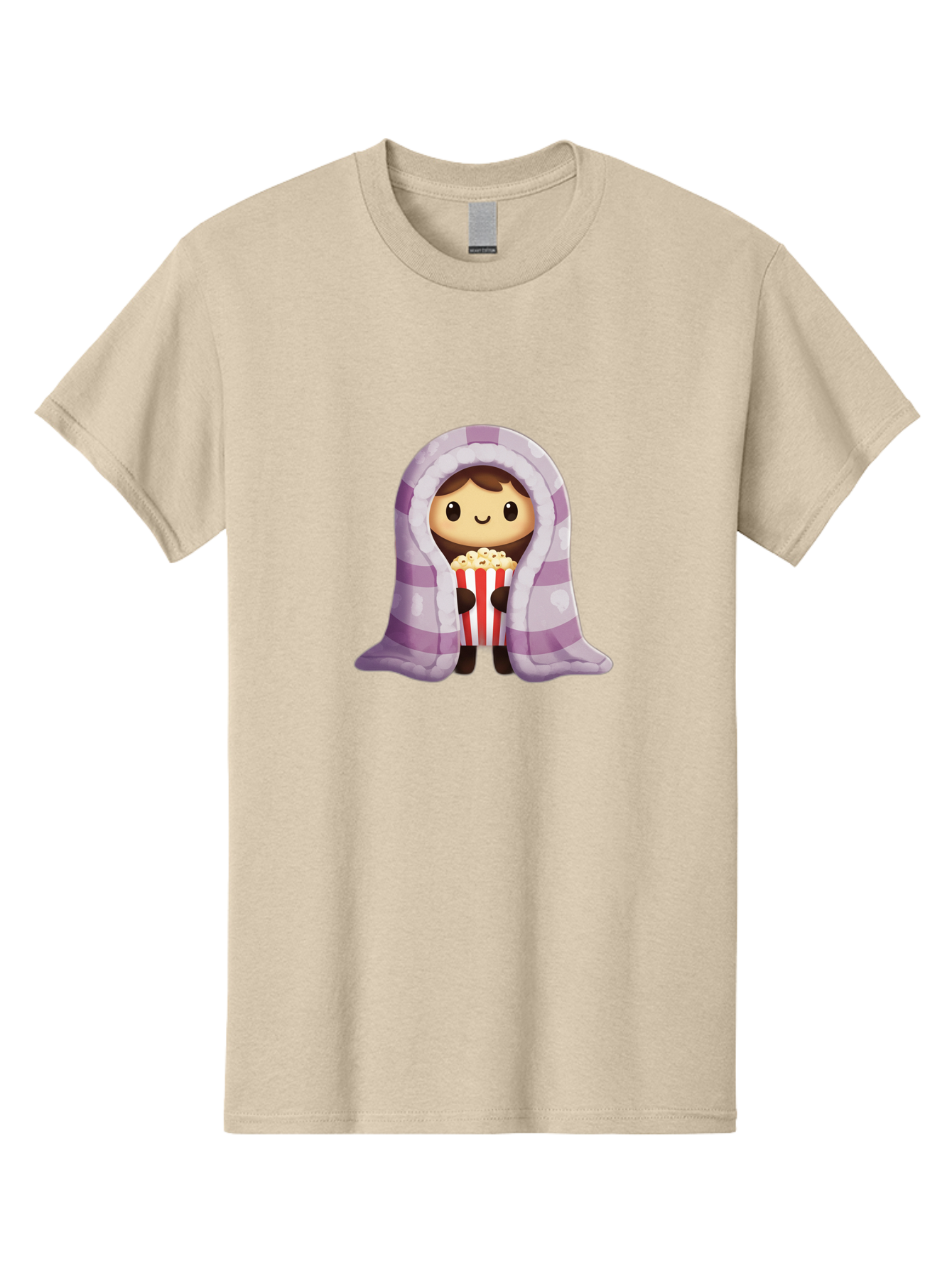 Girl-With-Popcorn Men'S Graphic Tee, 100% Cotton, Comfortable Casual Summer Wear, Machine Washable, Cartoon Girl, Wrapped In Blanket, Holding Popcorn, Cozy Atmosphere, Relaxed Mood, Kawaii Style, Cute Character, Movie Night, Snack Time, Bab960